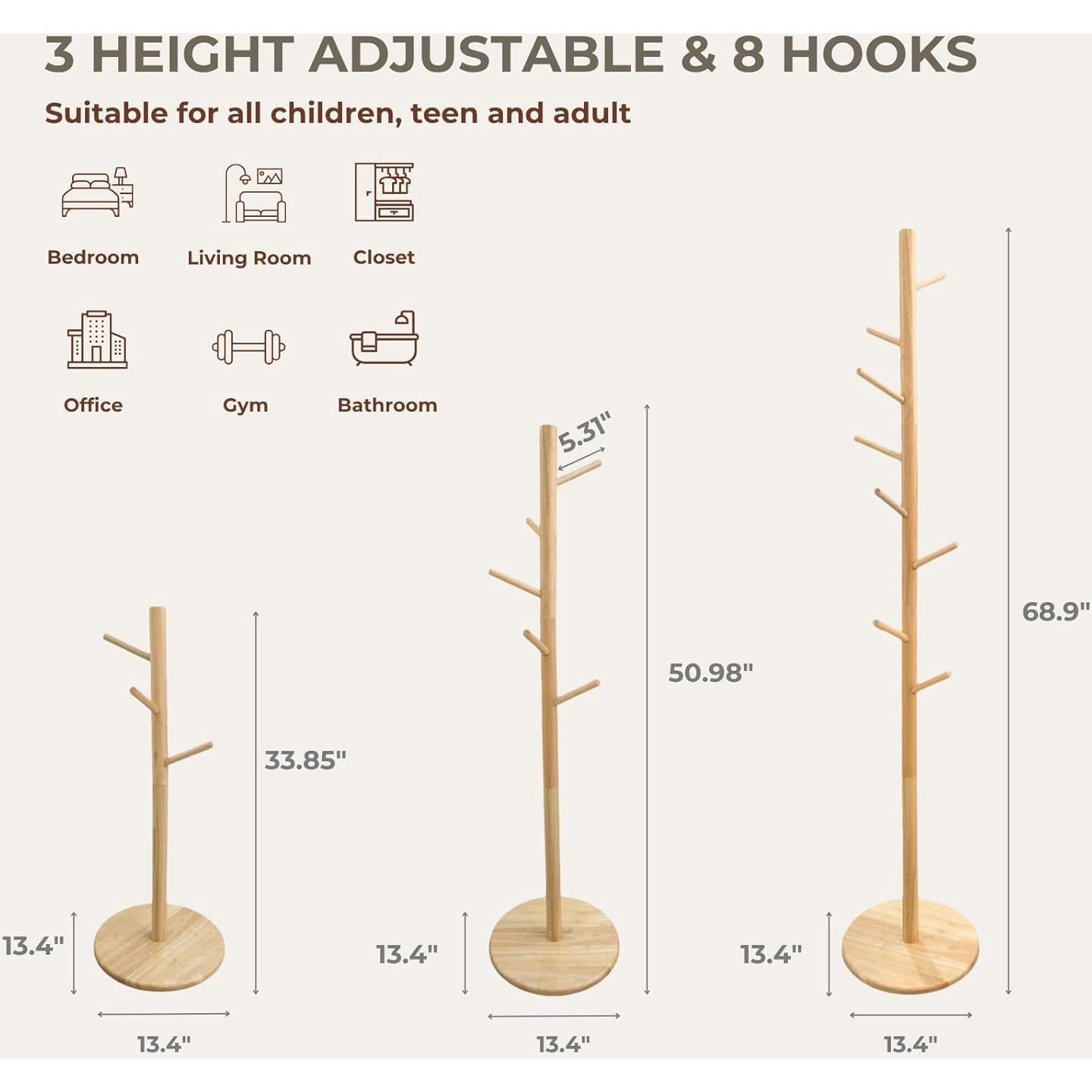 Perchero de Madera Natural AV Connect con 8 Ganchos y 3 Alturas