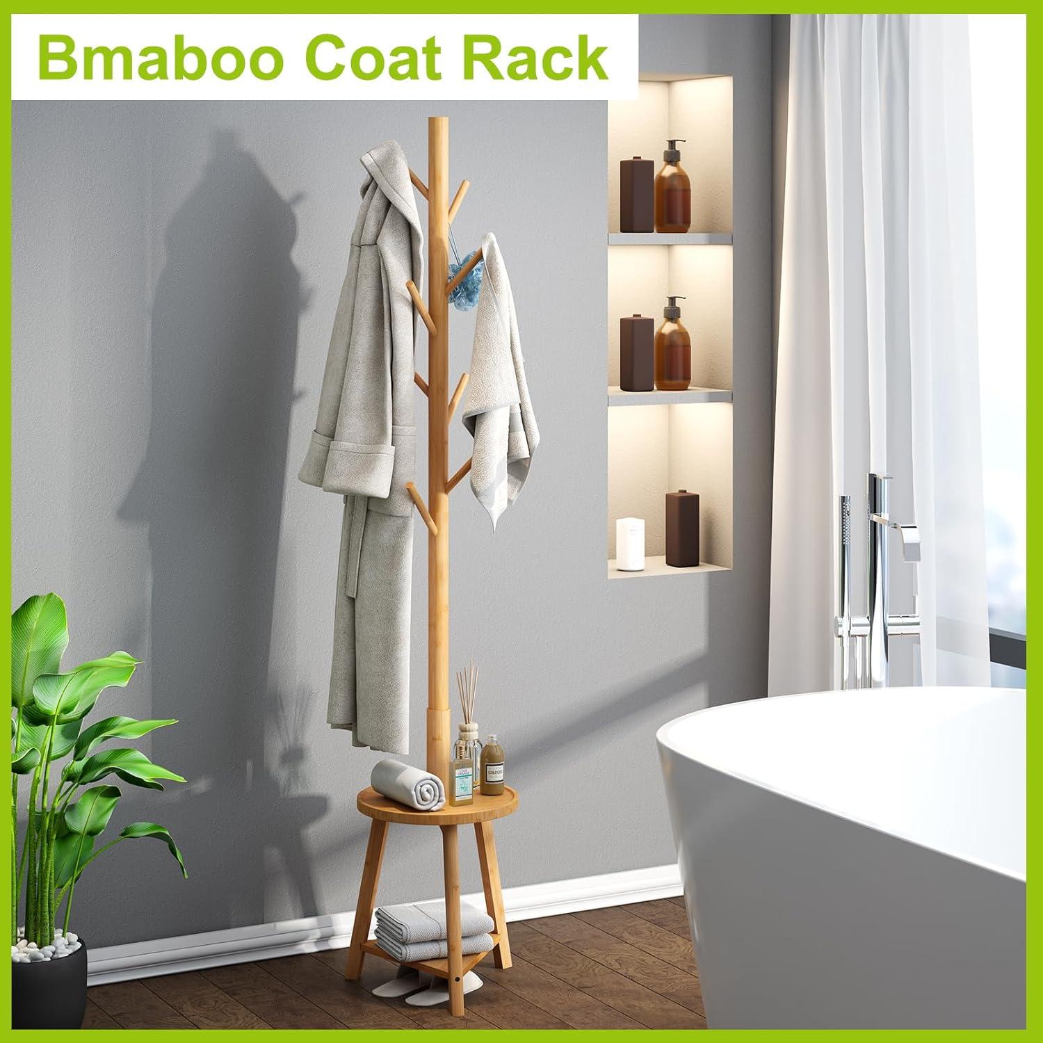 Perchero BMOSU de pie con 2 estantes de bambú, 8 ganchos