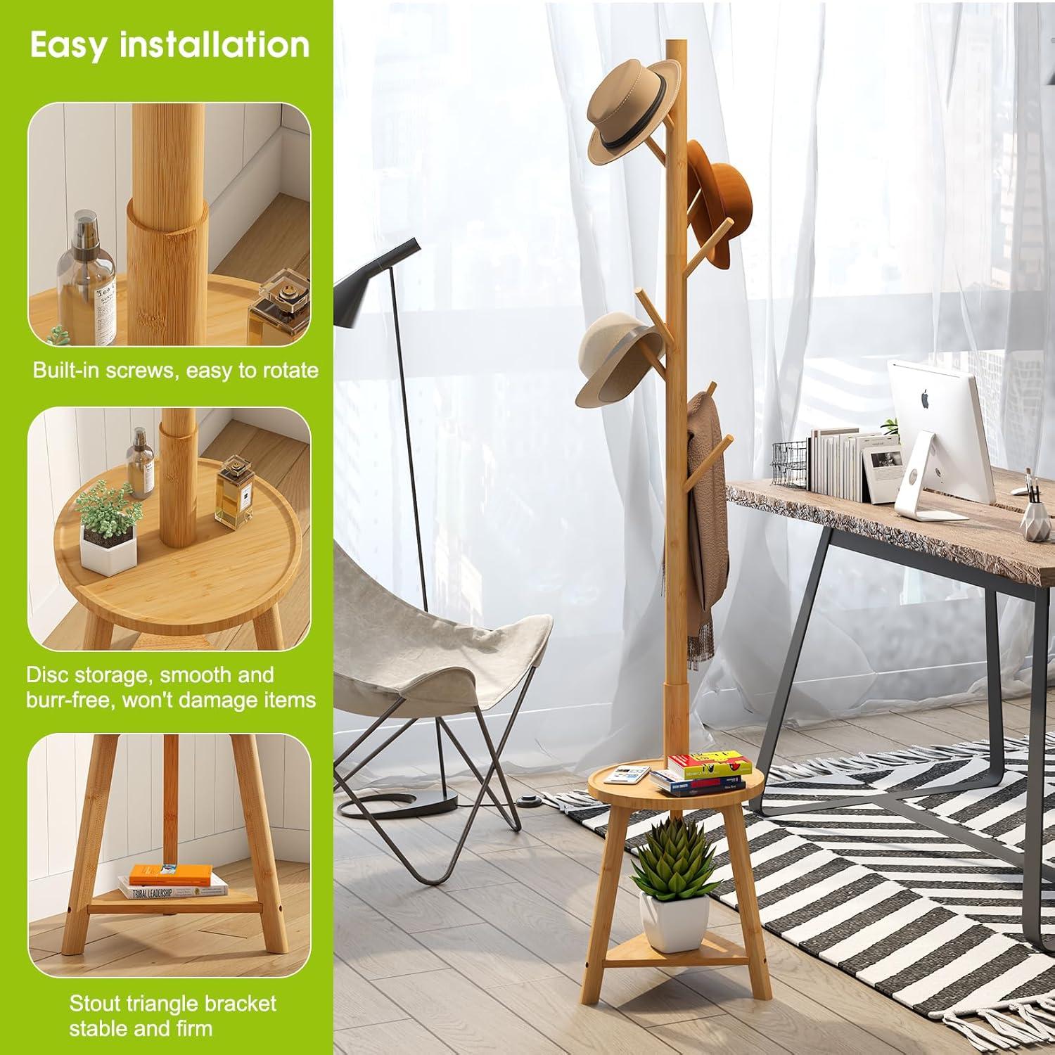 Perchero BMOSU de pie con 2 estantes de bambú, 8 ganchos