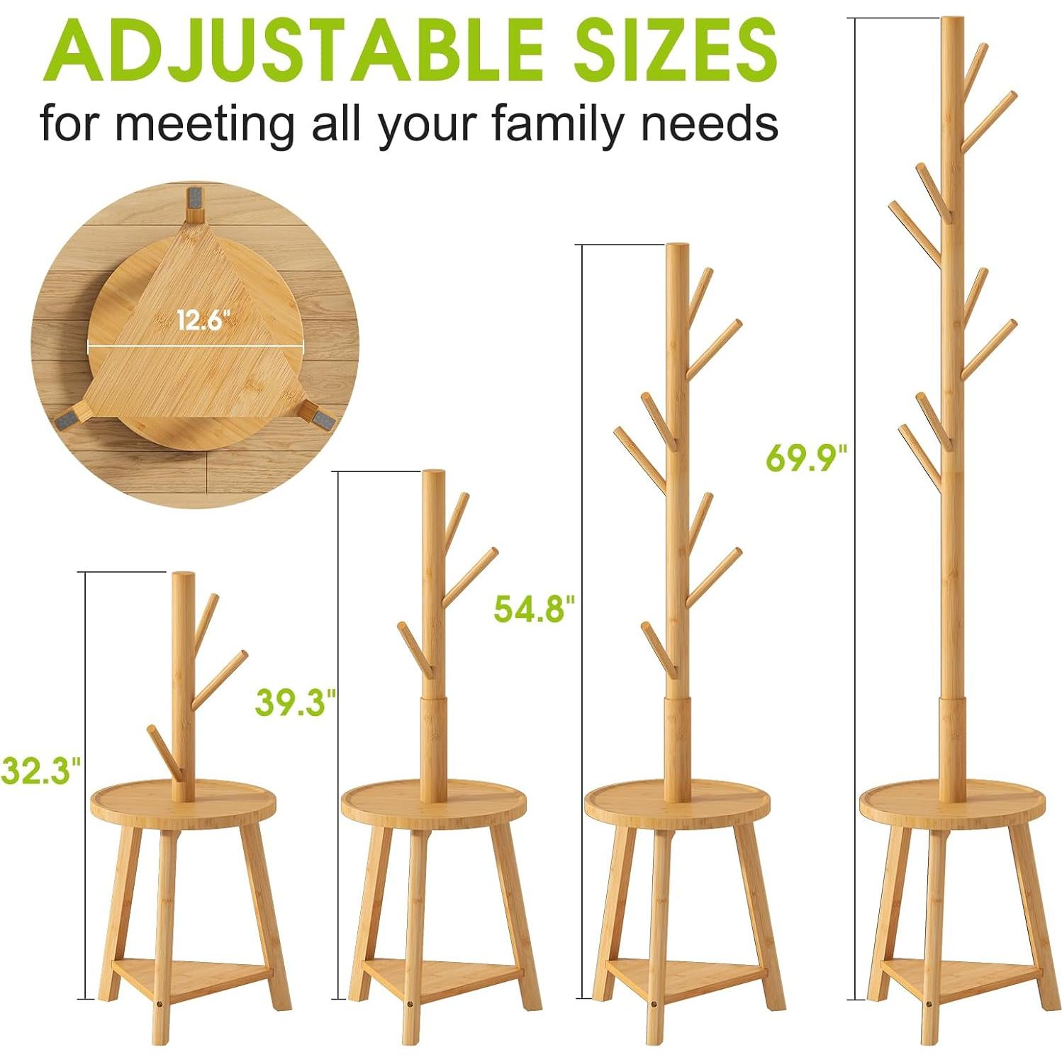 Perchero BMOSU de pie con 2 estantes de bambú, 8 ganchos