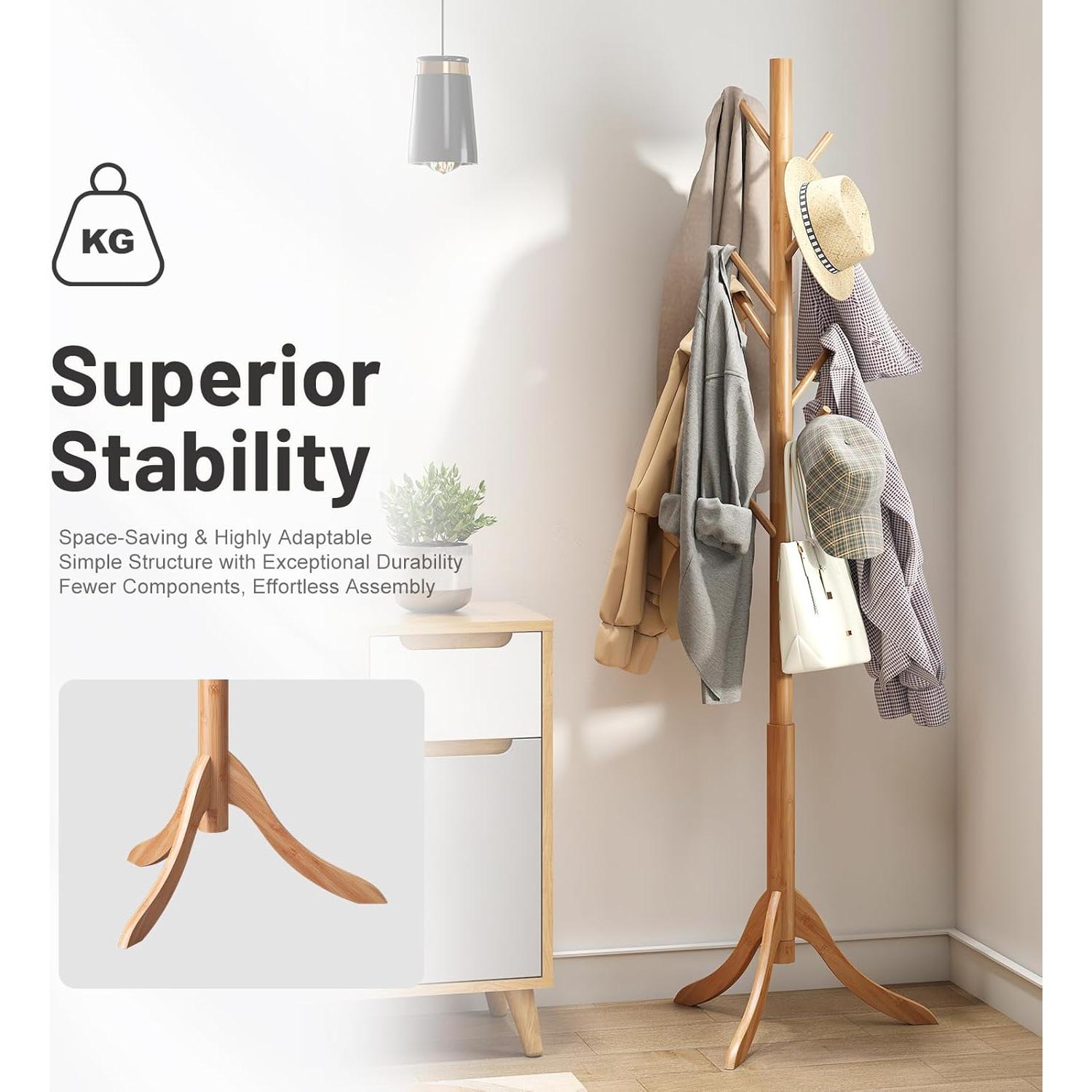 Perchero de pie Kiplant de bambú ajustable con 8 ganchos