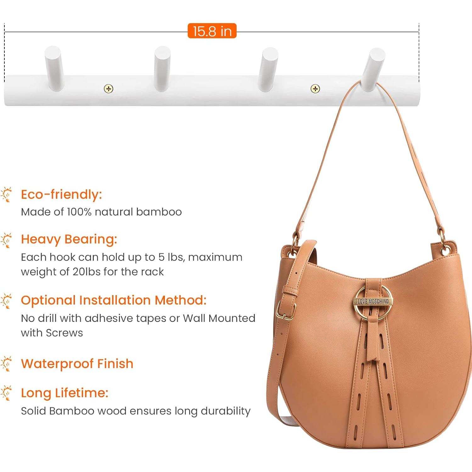 Perchero de pared Homode blanco de bambú con 4 ganchos