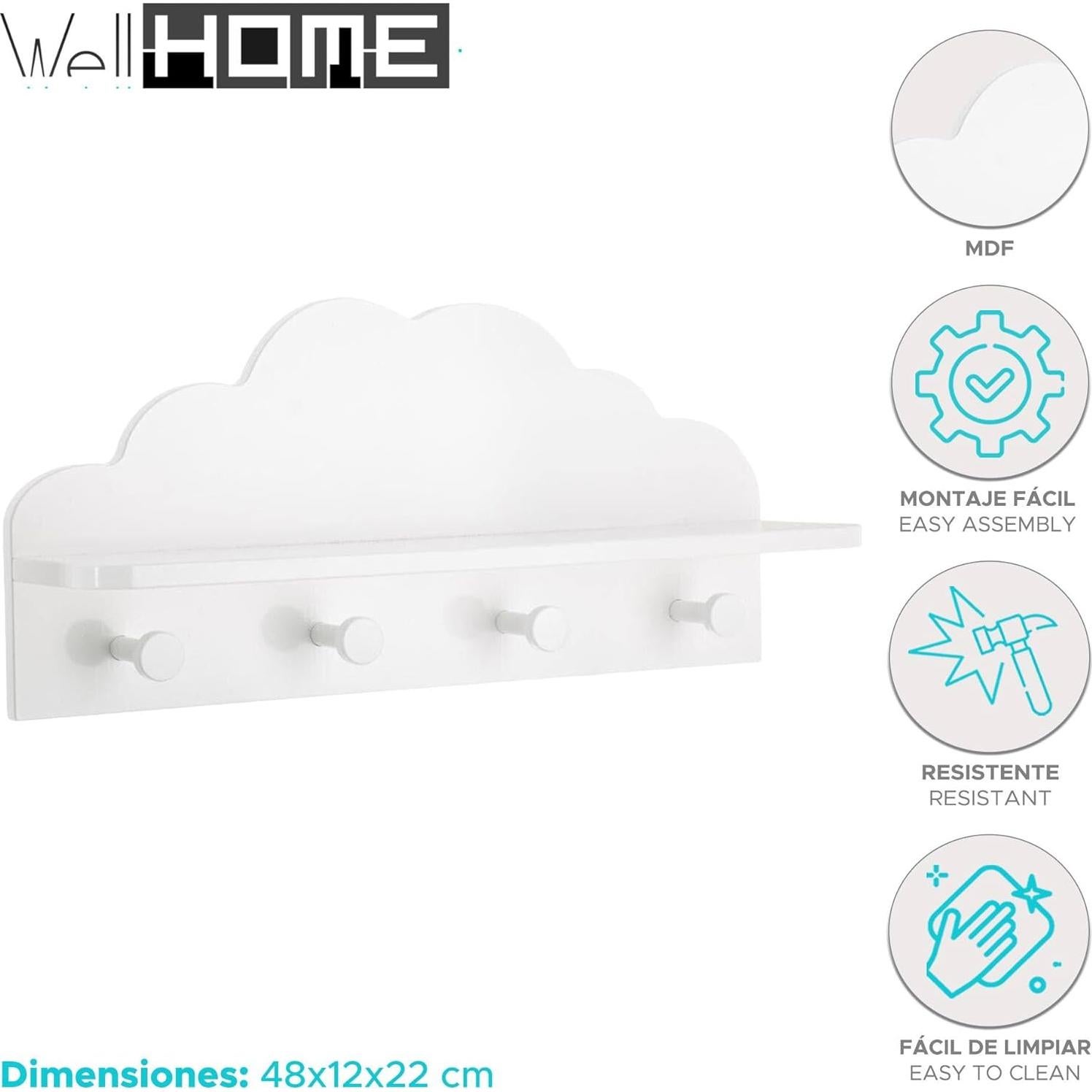 Perchero Infantil Nube Blanco WELL HOME 48x22 cm