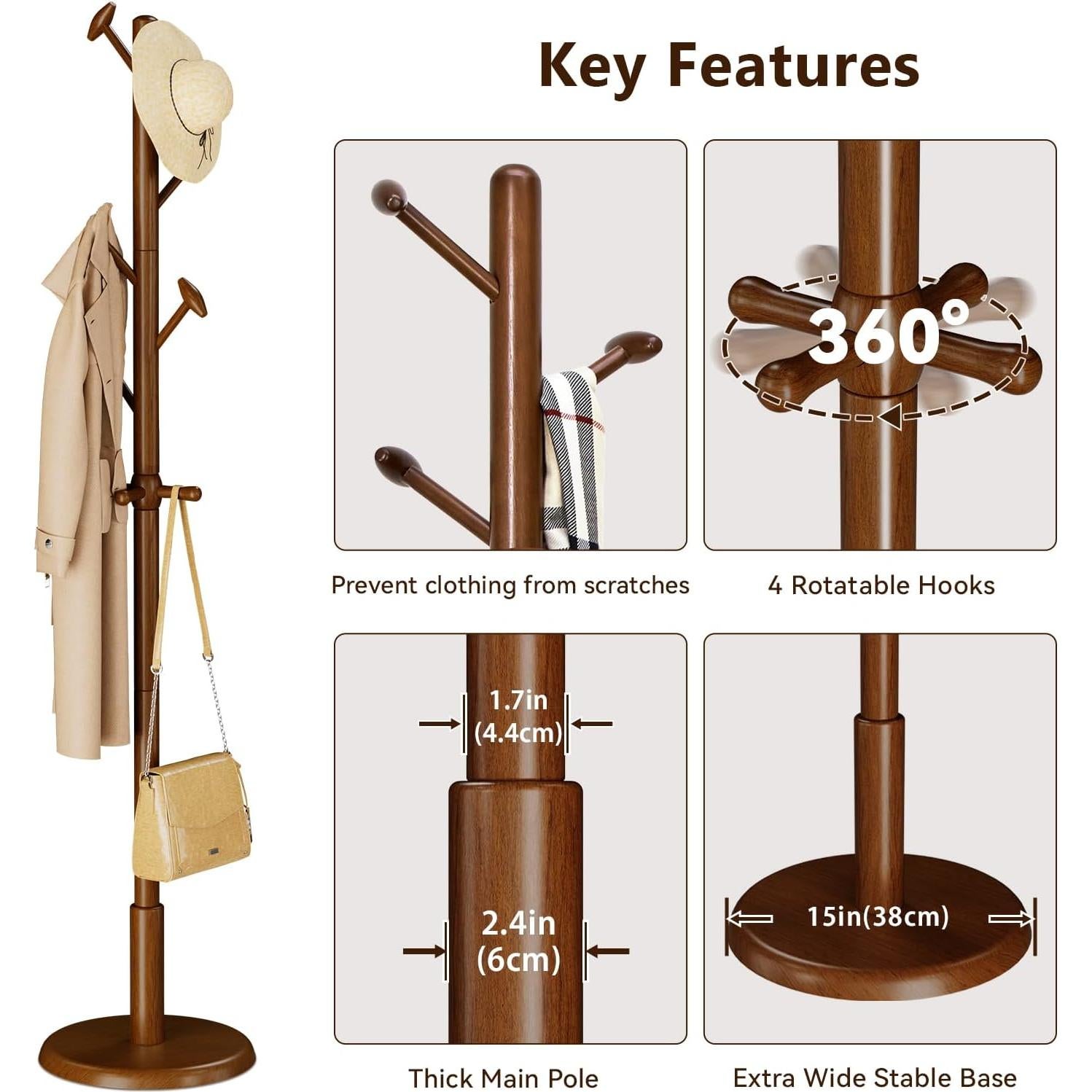 Perchero de Madera Sólida Taitiy 178 cm 10 Ganchos Nogal