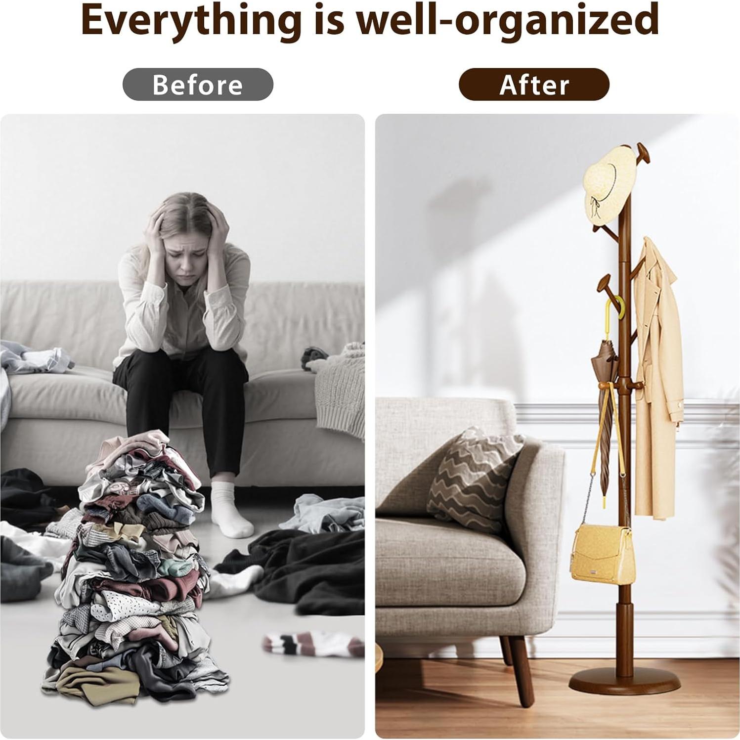 Perchero de Madera Sólida Taitiy 178 cm 10 Ganchos Nogal