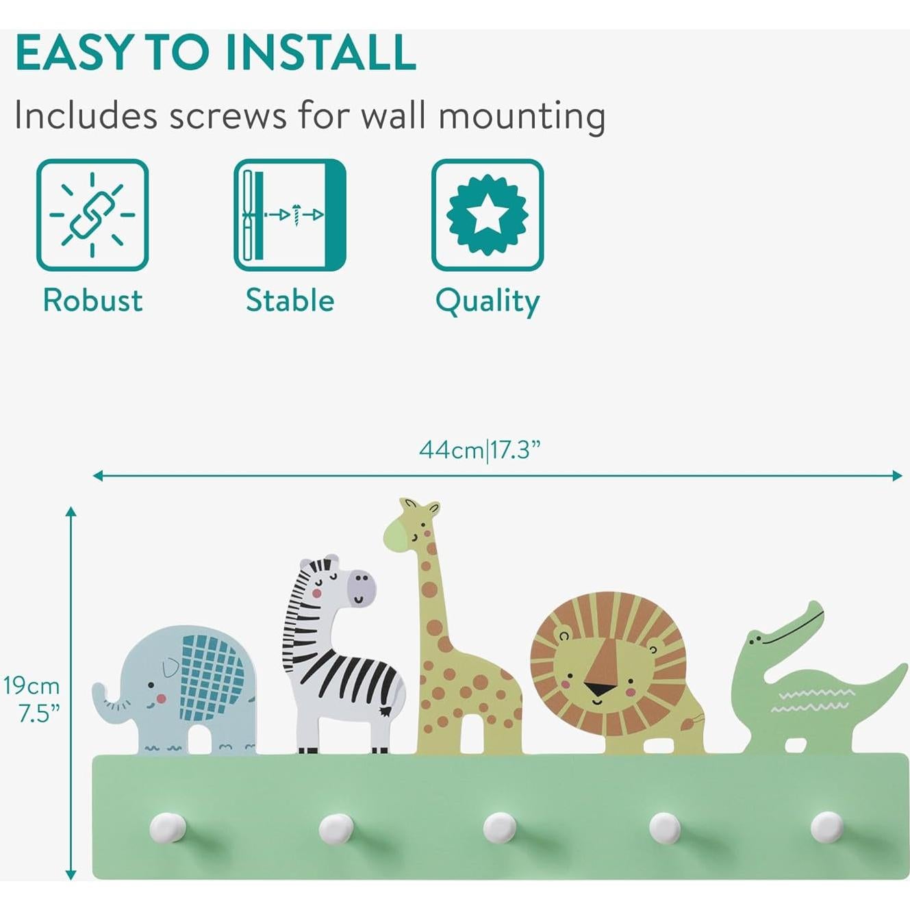 Perchero Infantil Navaris de Madera con 5 Ganchos - Diseño de Animales