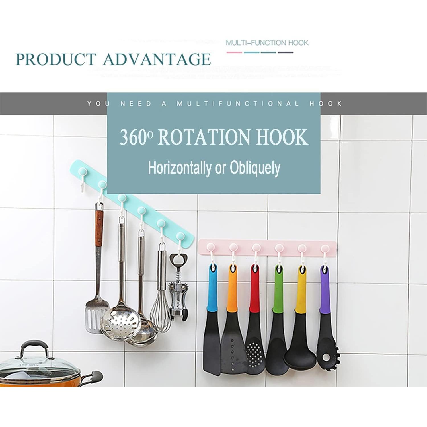 Perchero de pared BOSGAS rosa con 6 ganchos adhesivos giratorios