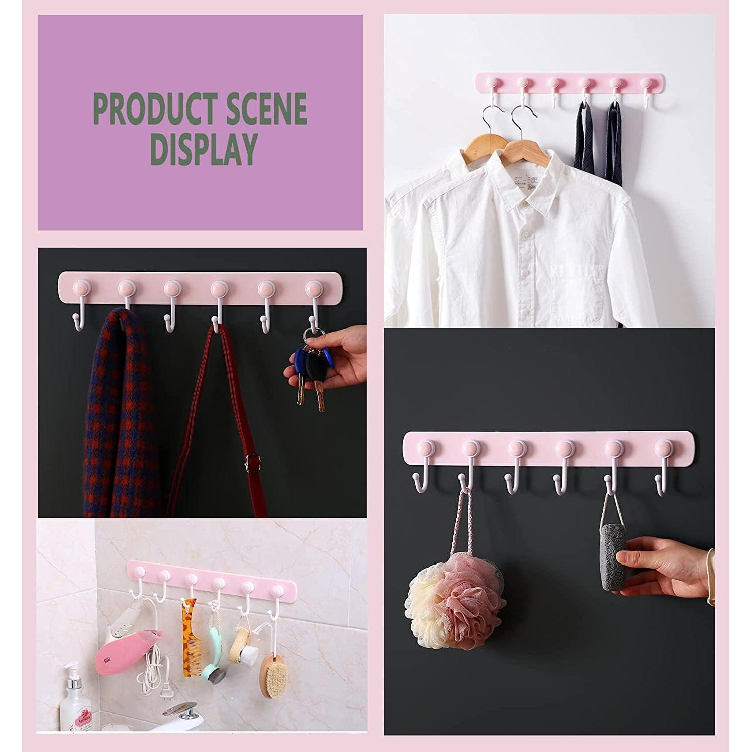 Perchero de pared BOSGAS rosa con 6 ganchos adhesivos giratorios