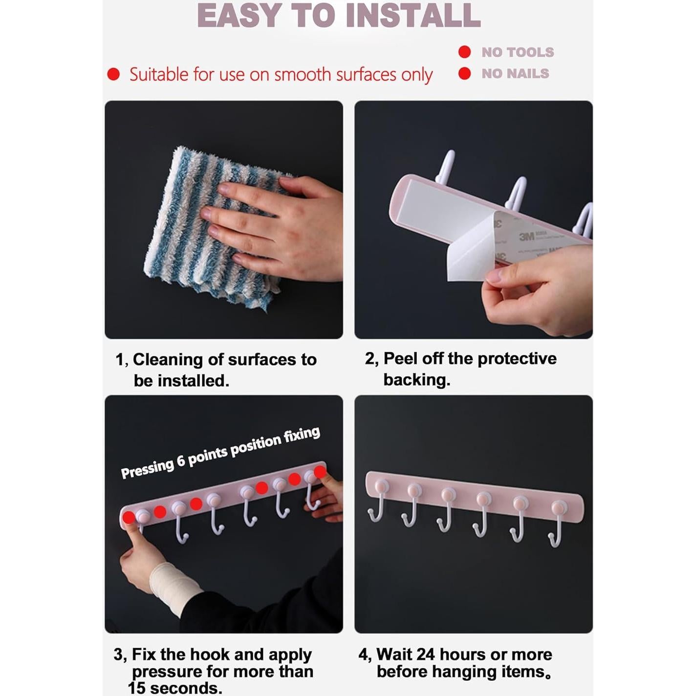 Perchero de pared BOSGAS rosa con 6 ganchos adhesivos giratorios