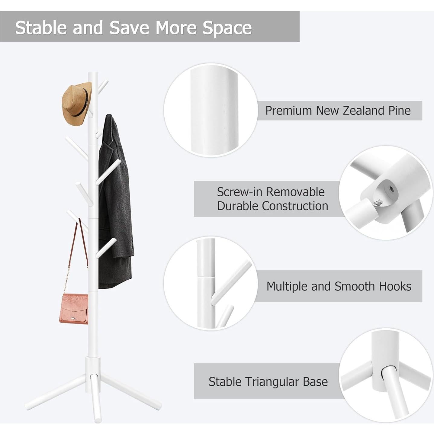 Perchero de Pie Azaeahom Blanco con 8 Ganchos Ajustables