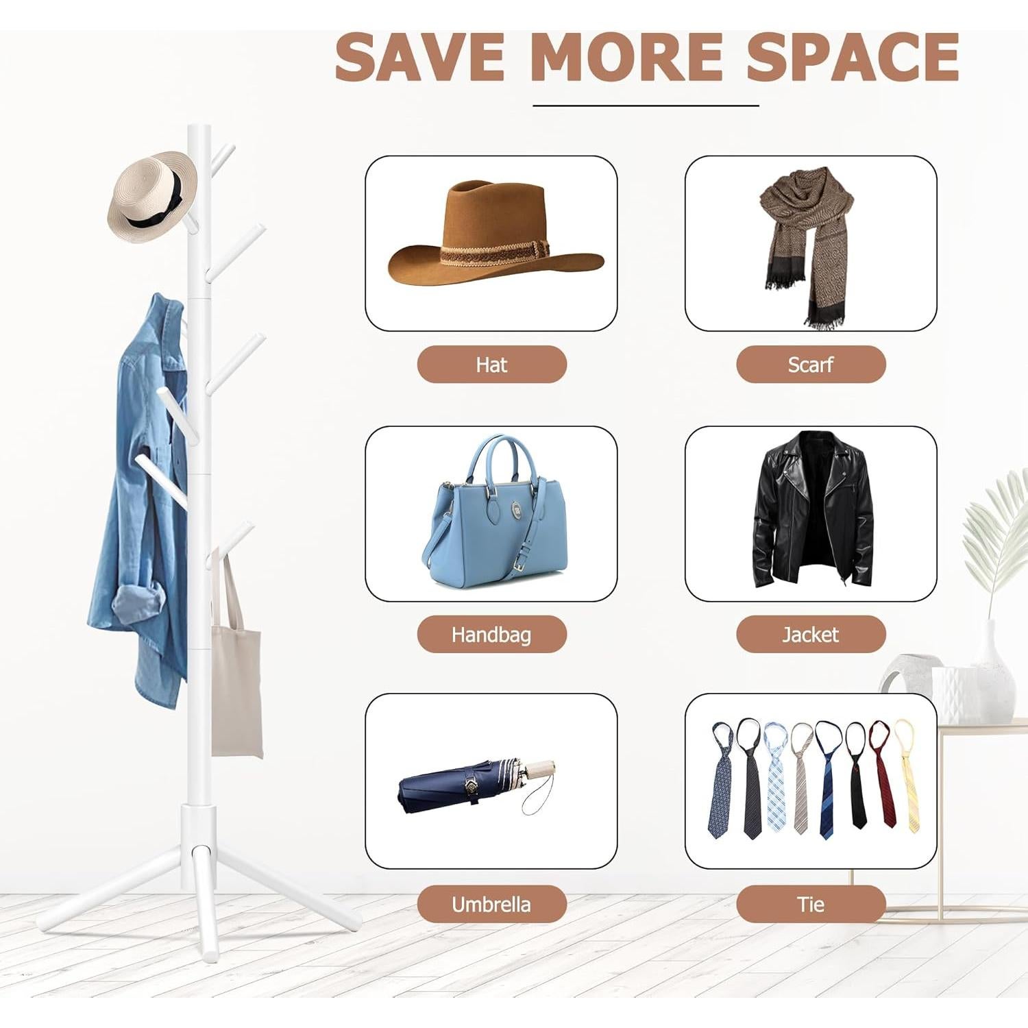 Perchero de Pie Azaeahom Blanco con 8 Ganchos Ajustables