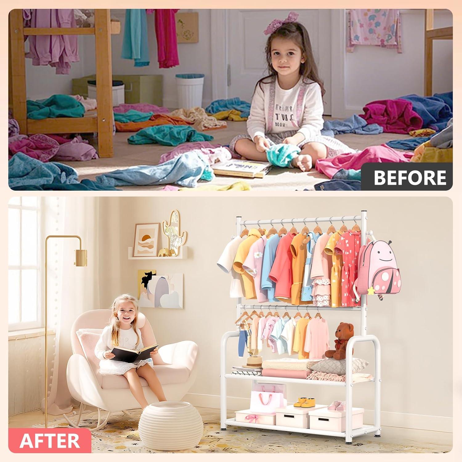 Perchero para Niños ZHKINGGS Blanco con Estante 2 Capas Ajustable