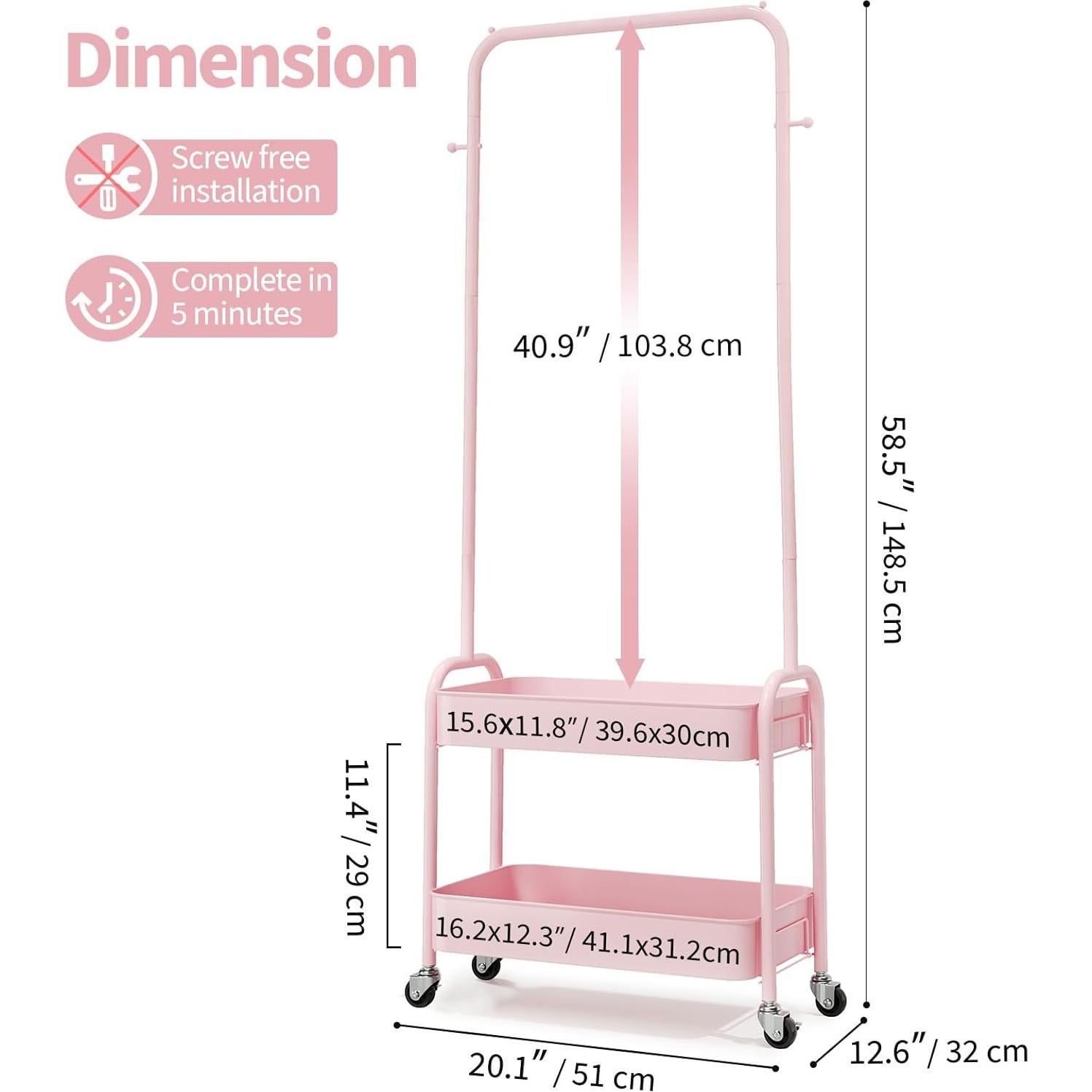 Perchero para Niños KINGRACK Rosa con Ruedas y Canasta
