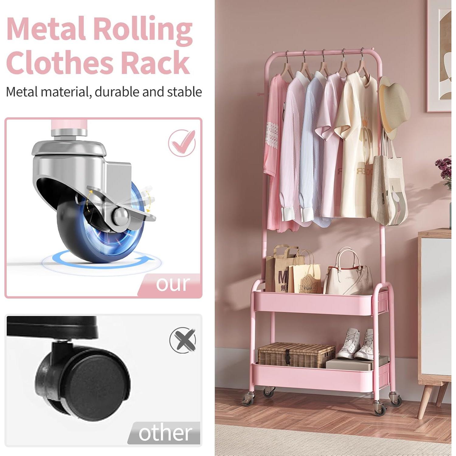 Perchero para Niños KINGRACK Rosa con Ruedas y Canasta