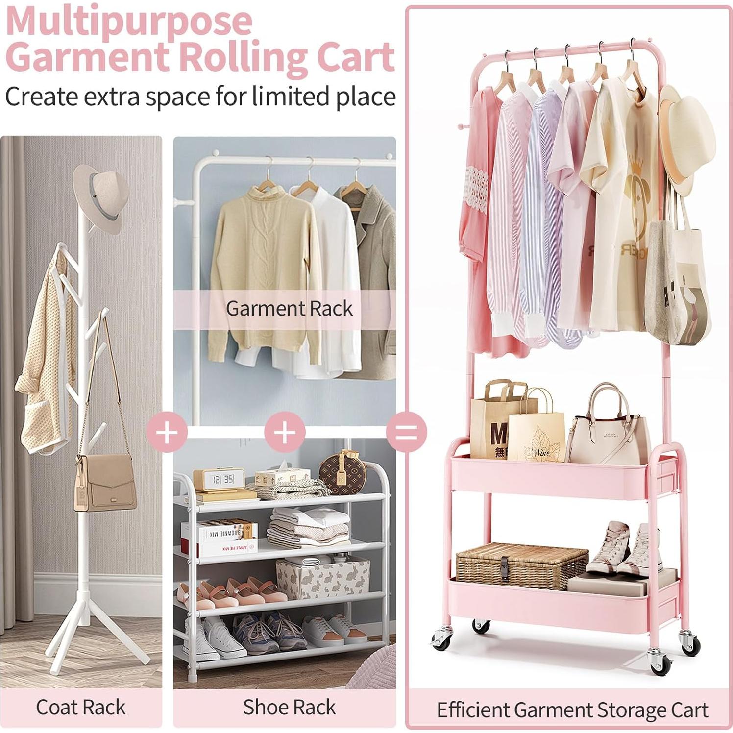 Perchero para Niños KINGRACK Rosa con Ruedas y Canasta