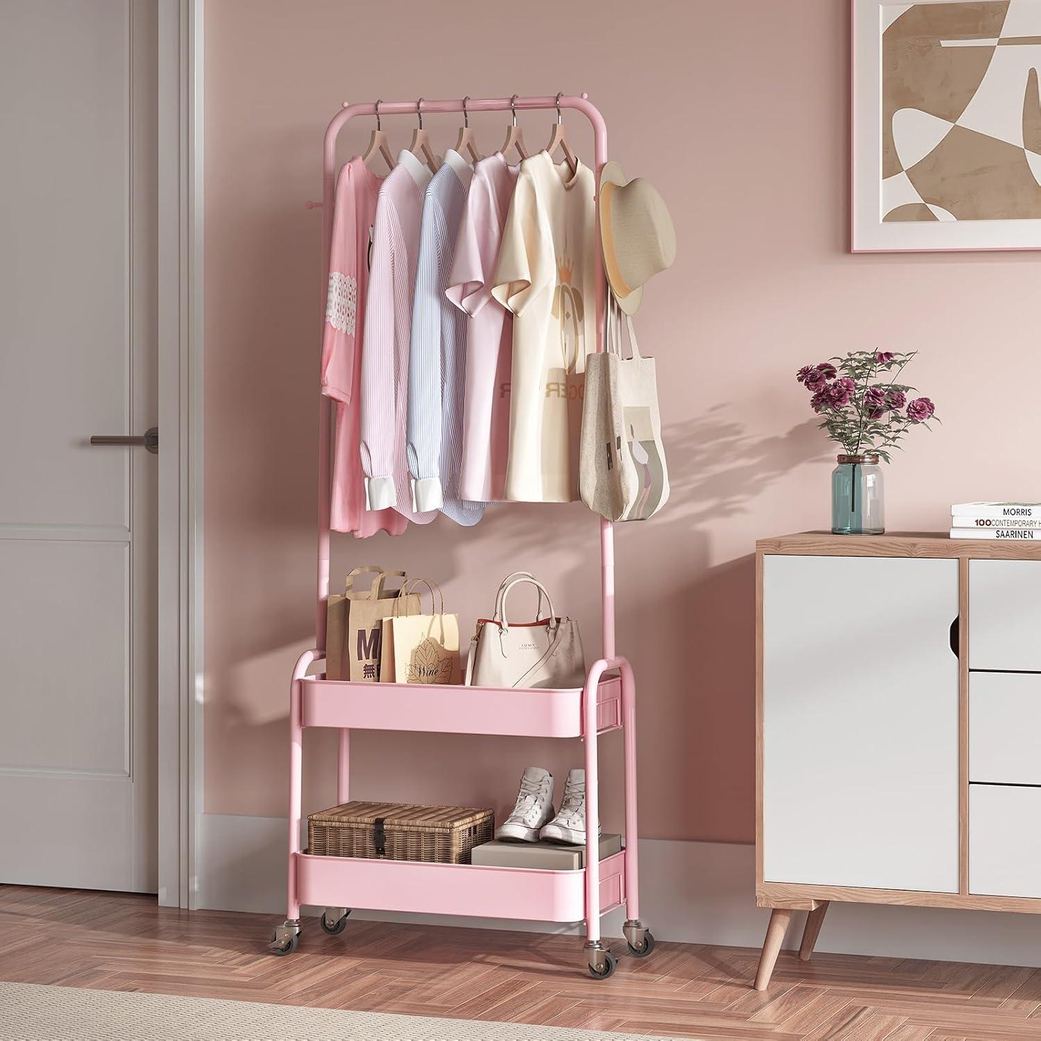 Perchero para Niños KINGRACK Rosa con Ruedas y Canasta