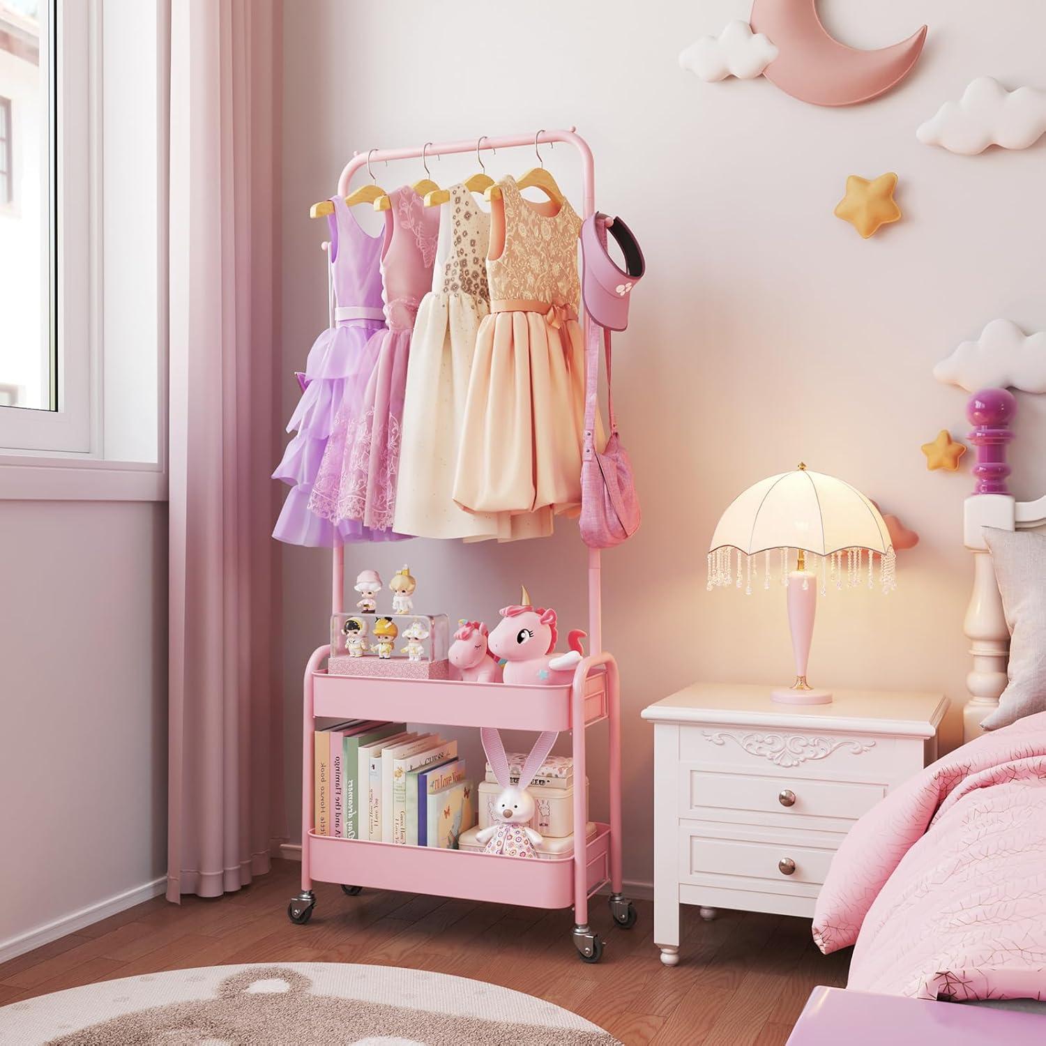 Perchero para Niños KINGRACK Rosa con Ruedas y Canasta