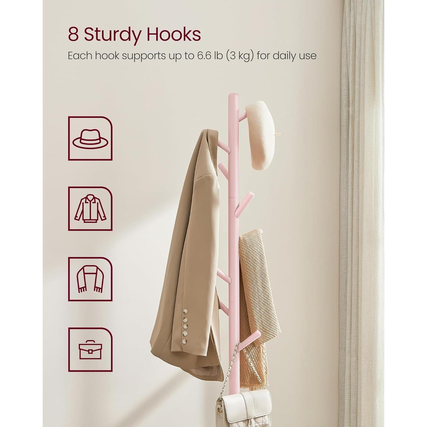 Perchero de Pie VASAGLE de Madera Sólida Rosa Gelatina 8 Ganchos