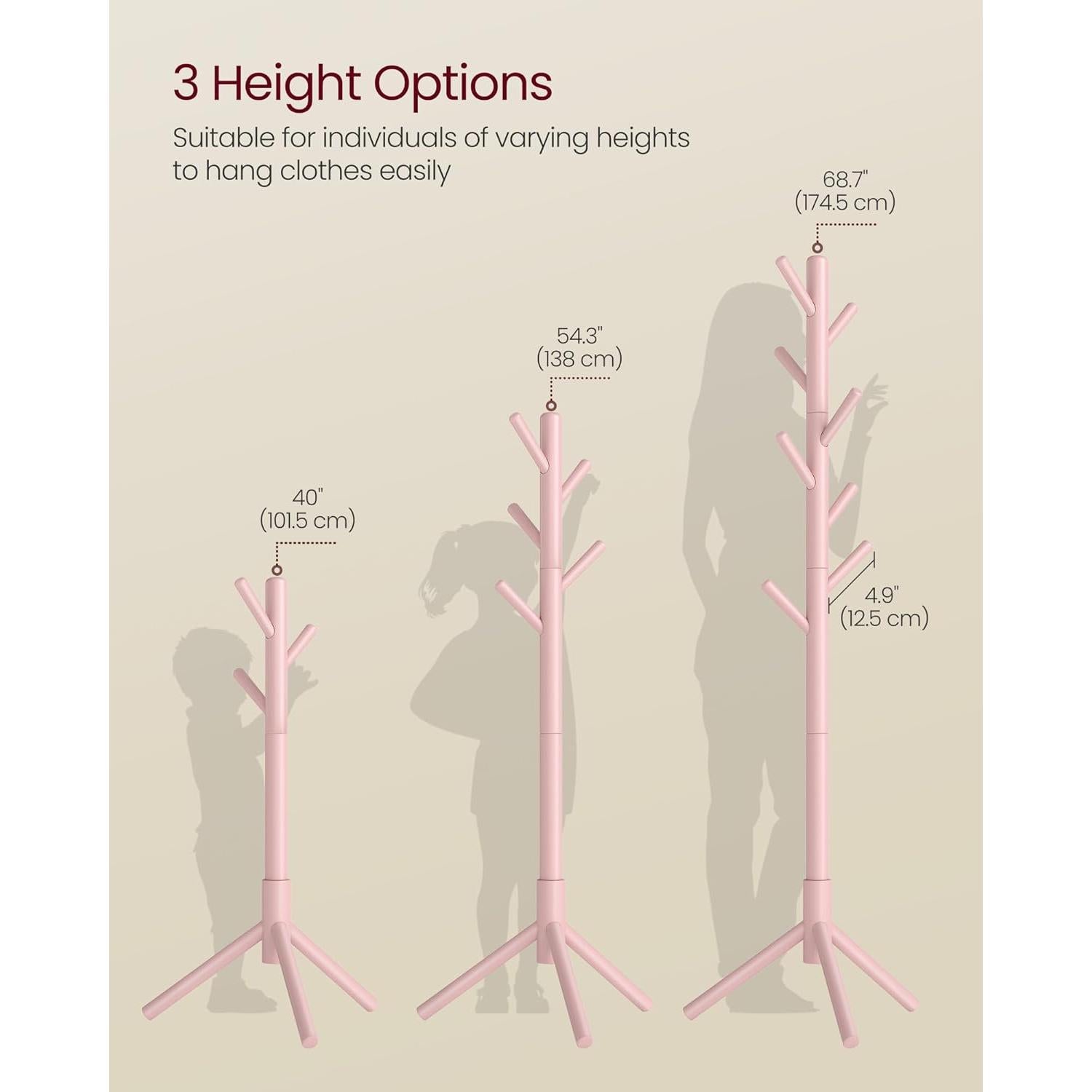 Perchero de Pie VASAGLE de Madera Sólida Rosa Gelatina 8 Ganchos
