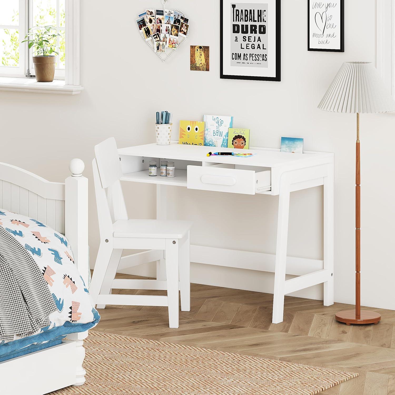 Conjunto de Escritorio y Silla UTEX para Niños - Blanco, Ergonomía y Almacenamiento