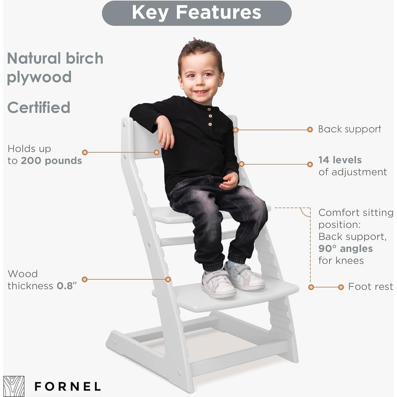 Silla Alta Fornel Blanca de Madera Ajustable para Niños y Adultos