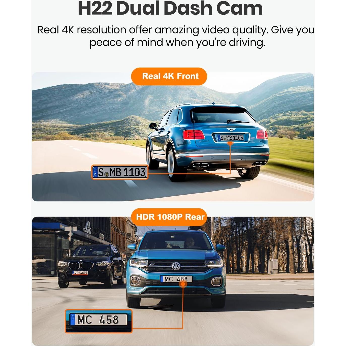 Cámara Dash YEECORE H22 4K+1080P Doble con GPS y WiFi