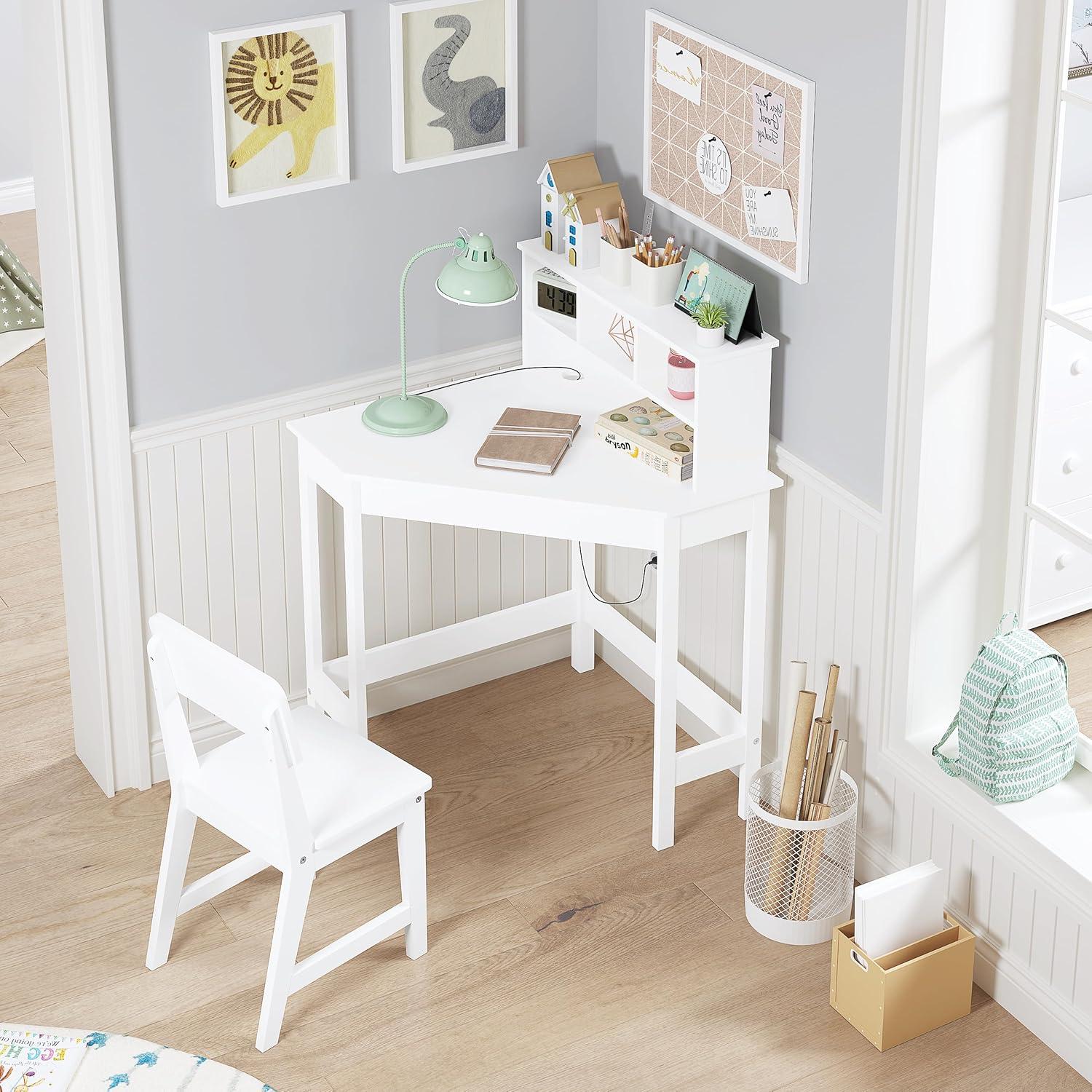 Escritorio y Silla para Niños UTEX en Esquina, Blanco, Almacenamiento