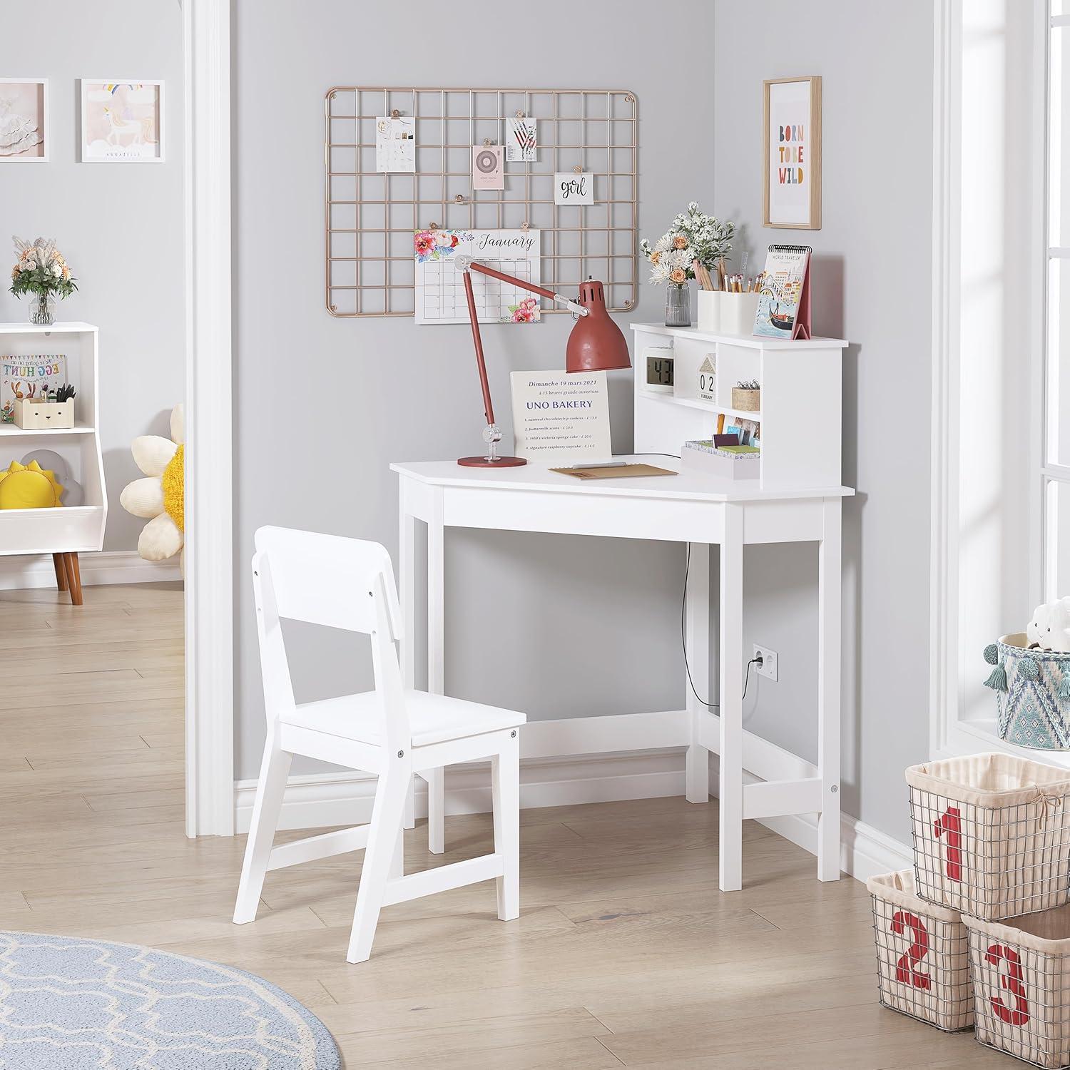 Escritorio y Silla para Niños UTEX en Esquina, Blanco, Almacenamiento