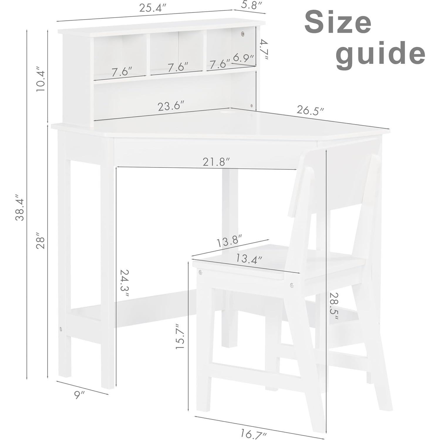 Escritorio y Silla para Niños UTEX en Esquina, Blanco, Almacenamiento