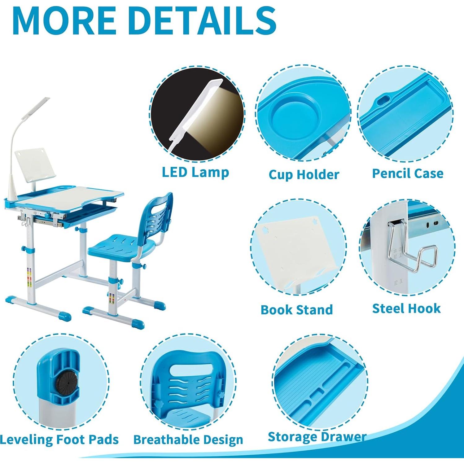 Conjunto de Escritorio y Silla Diroan Azul Ergonómico Ajustable