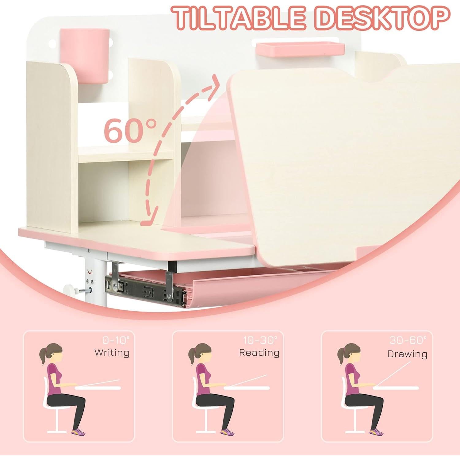 Escritorio de Estudio Qaba Rosa Ajustable para Niños 50-71 cm