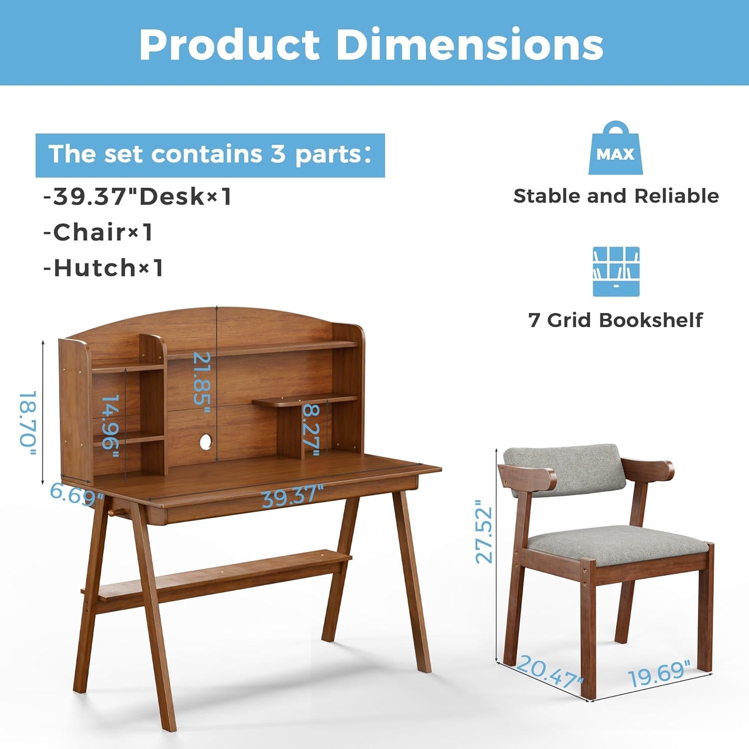Conjunto Escritorio y Silla DELAVIN 100 cm Madera Maciza Nogal
