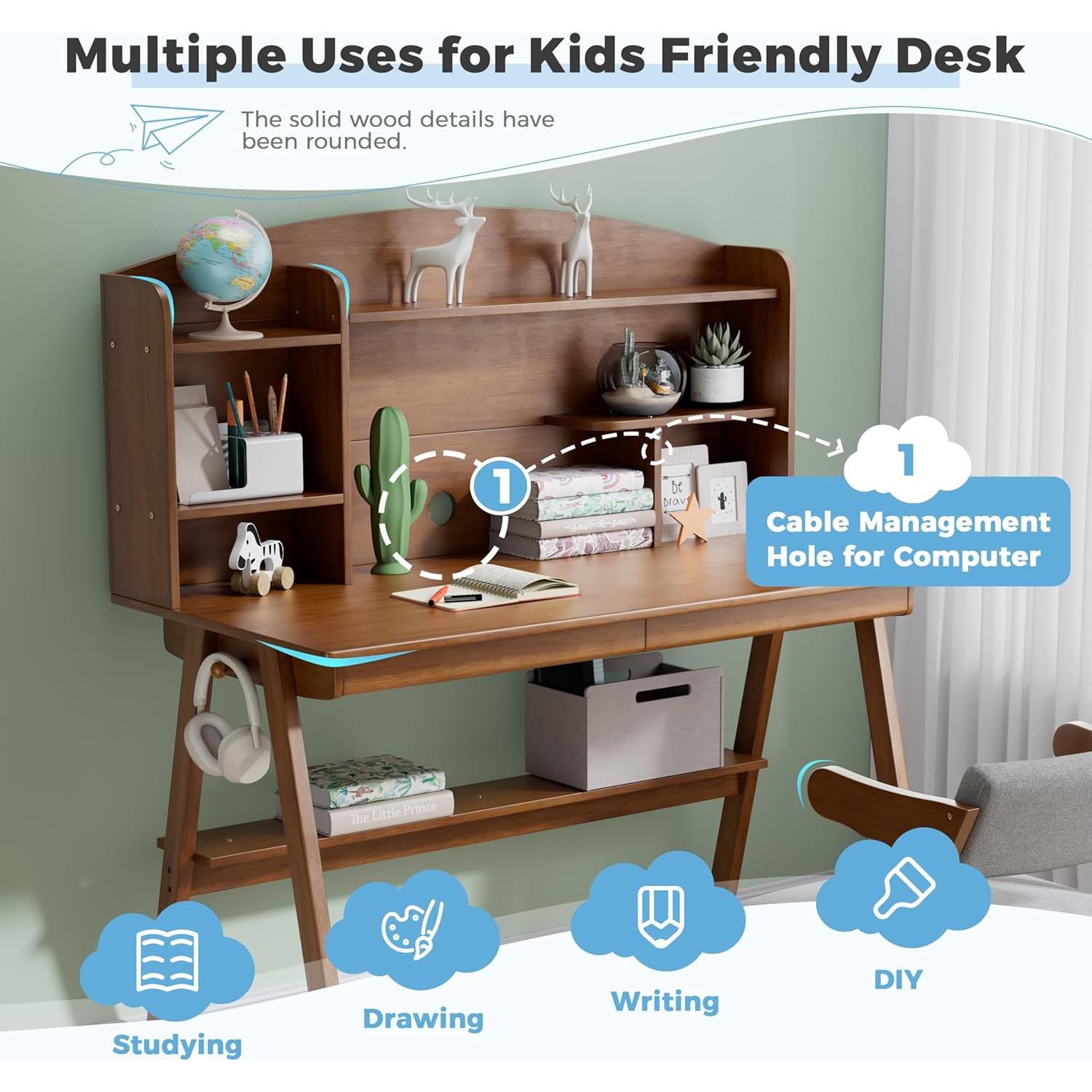 Conjunto Escritorio y Silla DELAVIN 100 cm Madera Maciza Nogal