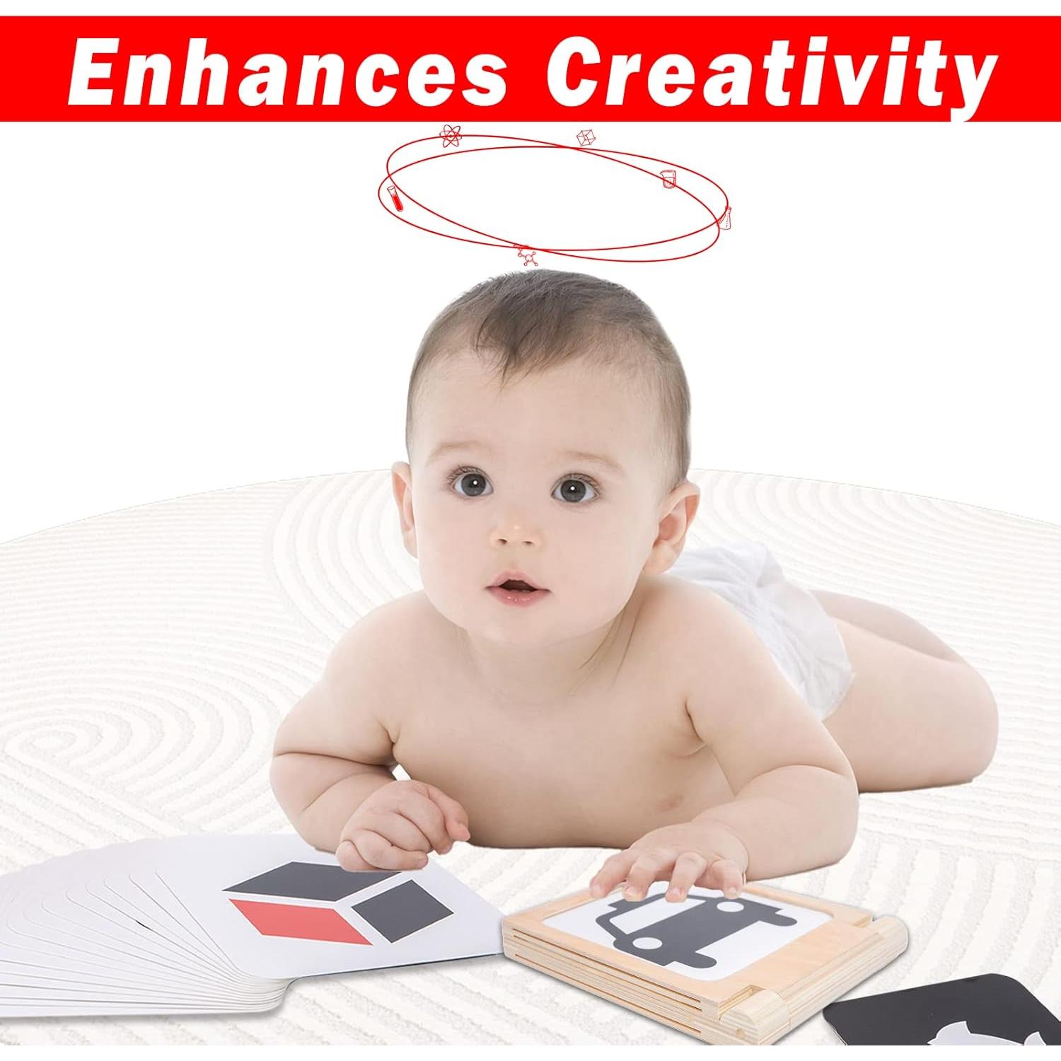 Tarjetas Montessori en Blanco y Negro con Marco de Madera y Espejo