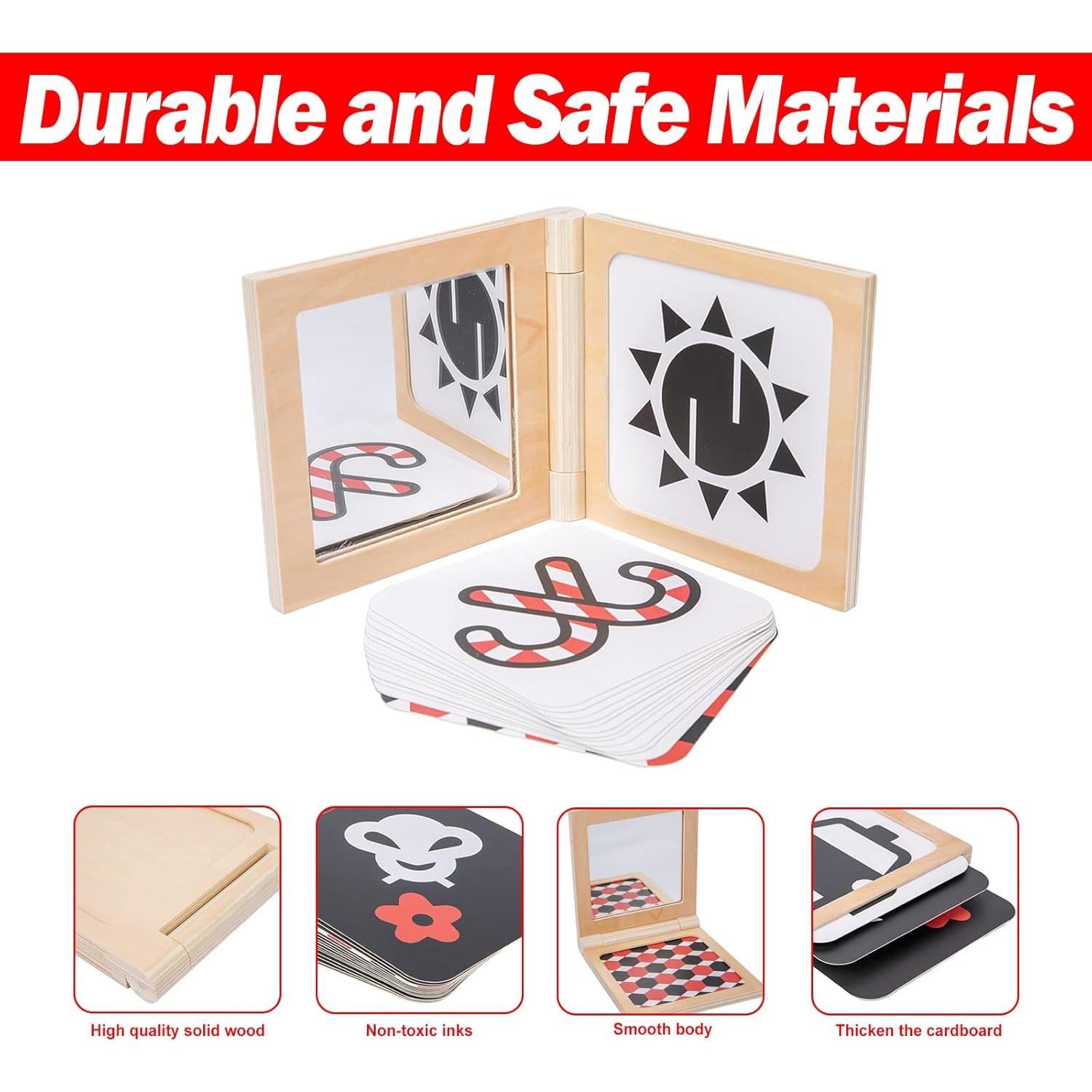 Tarjetas Montessori en Blanco y Negro con Marco de Madera y Espejo