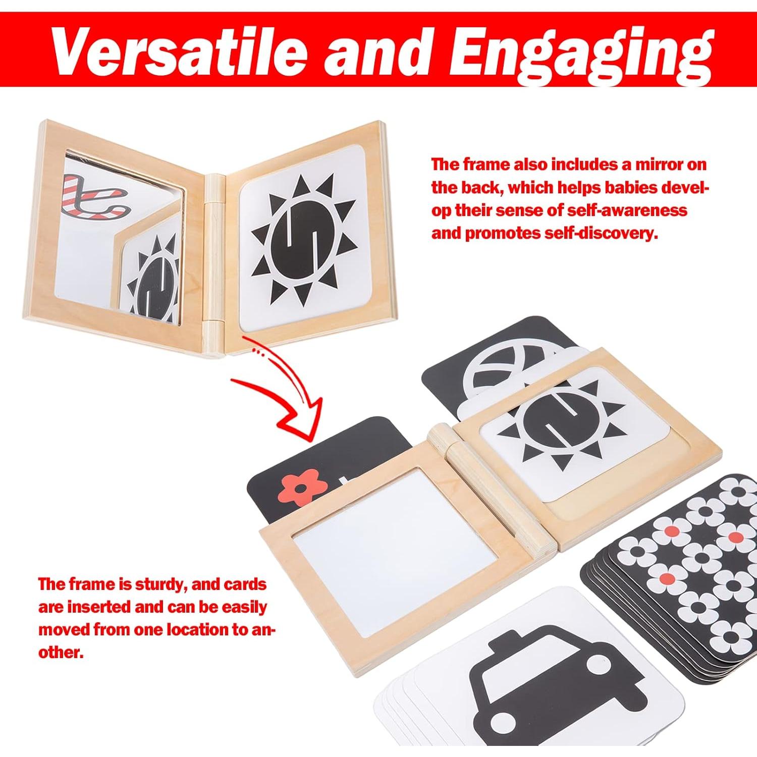 Tarjetas Montessori en Blanco y Negro con Marco de Madera y Espejo