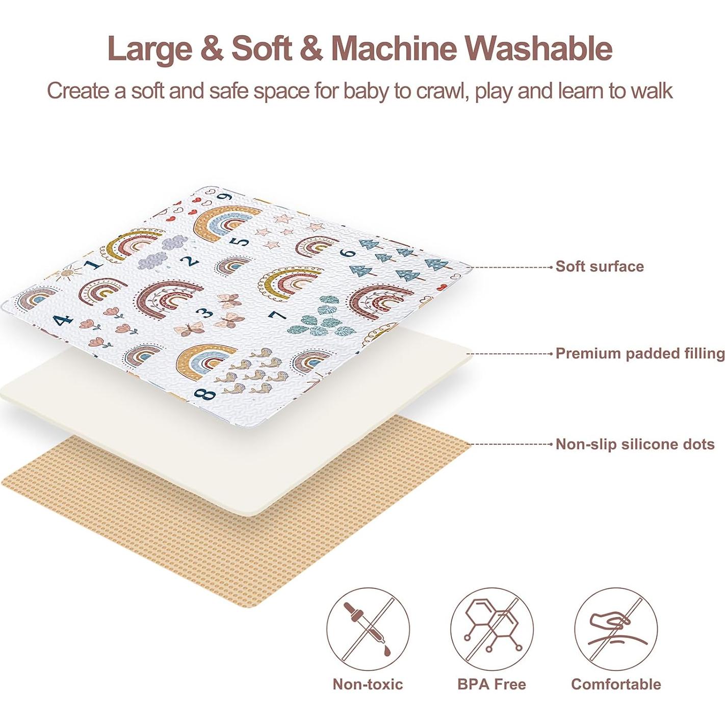 Alfombra de Juego Boho Arcoíris 127x127 cm Lavable Antideslizante