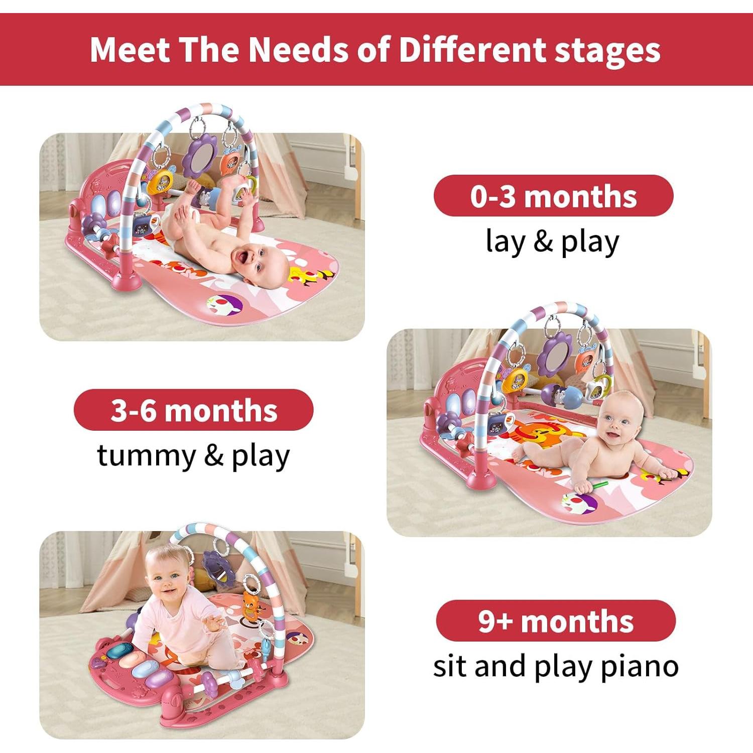 Alfombra de Juego Musical para Bebés GUGUKUKU Rosa 6 en 1