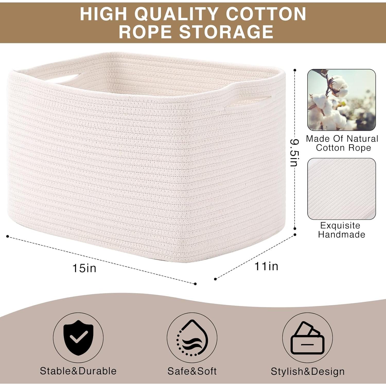 Cestas de Almacenamiento ICERZCZ 3 Piezas Algodón Blanco 38.1x27.9x24.1cm