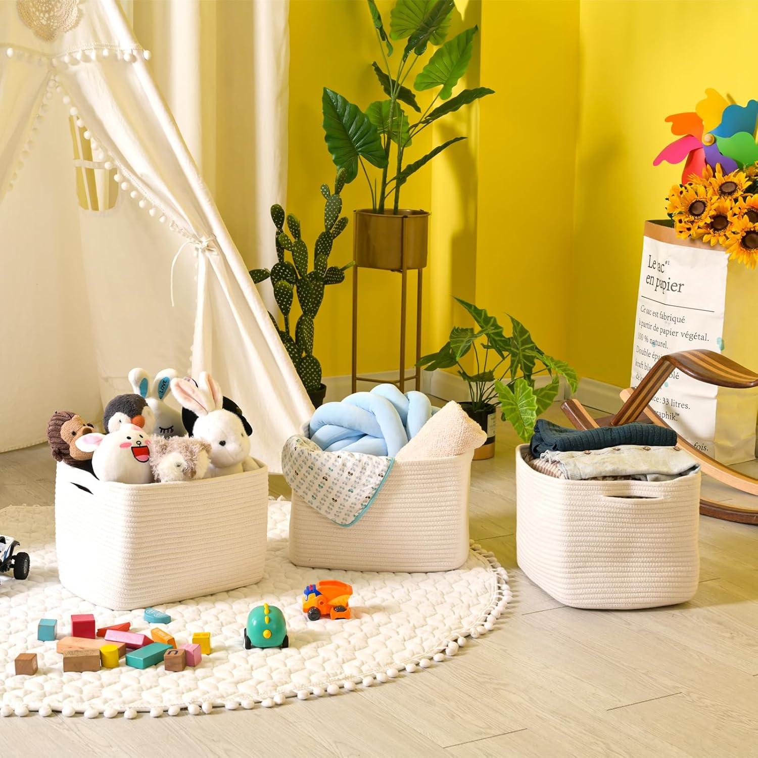 Cestas de Almacenamiento ICERZCZ 3 Piezas Algodón Blanco 38.1x27.9x24.1cm