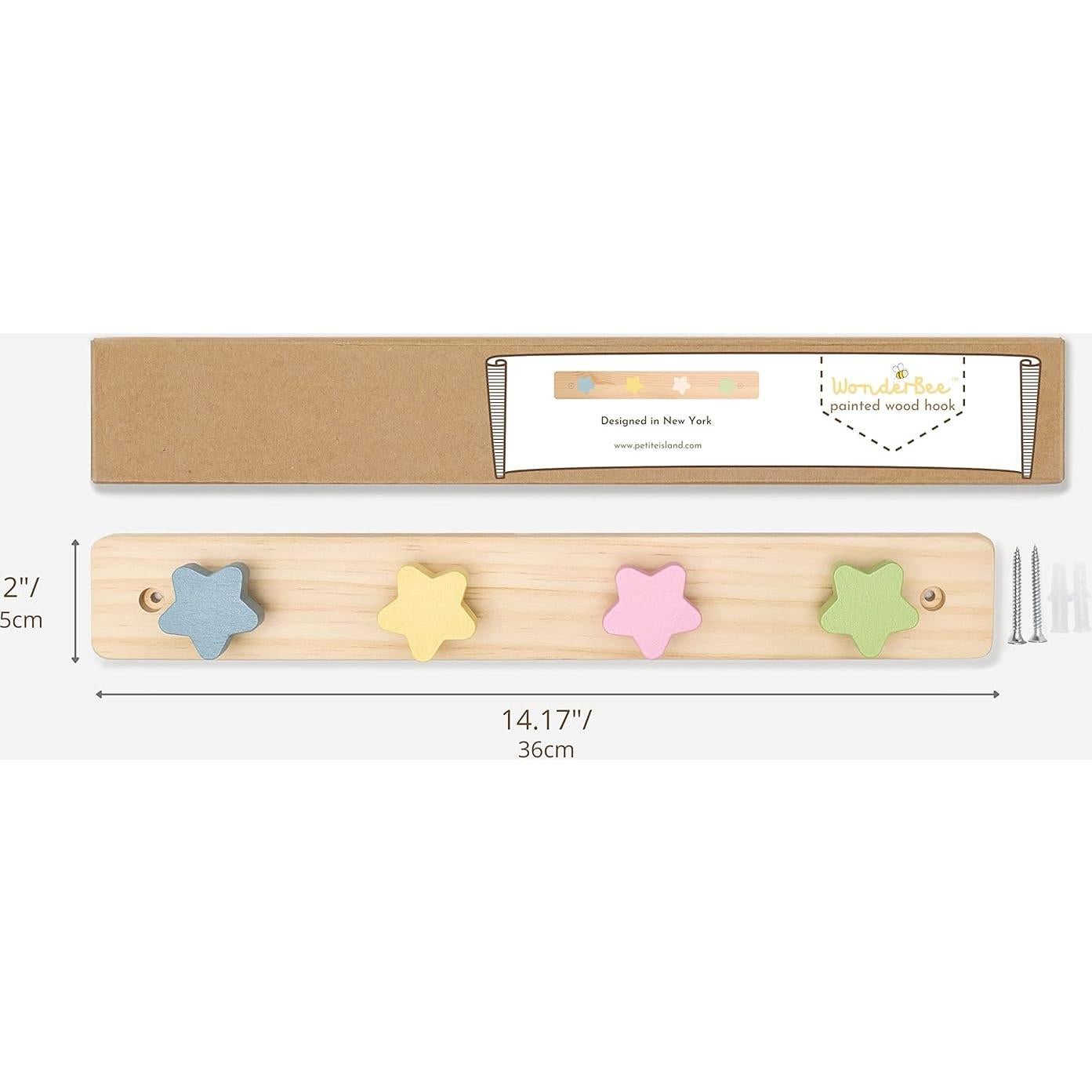Perchero de Pared WonderBee para Niños | 4 Ganchos Estrella | Pino Natural