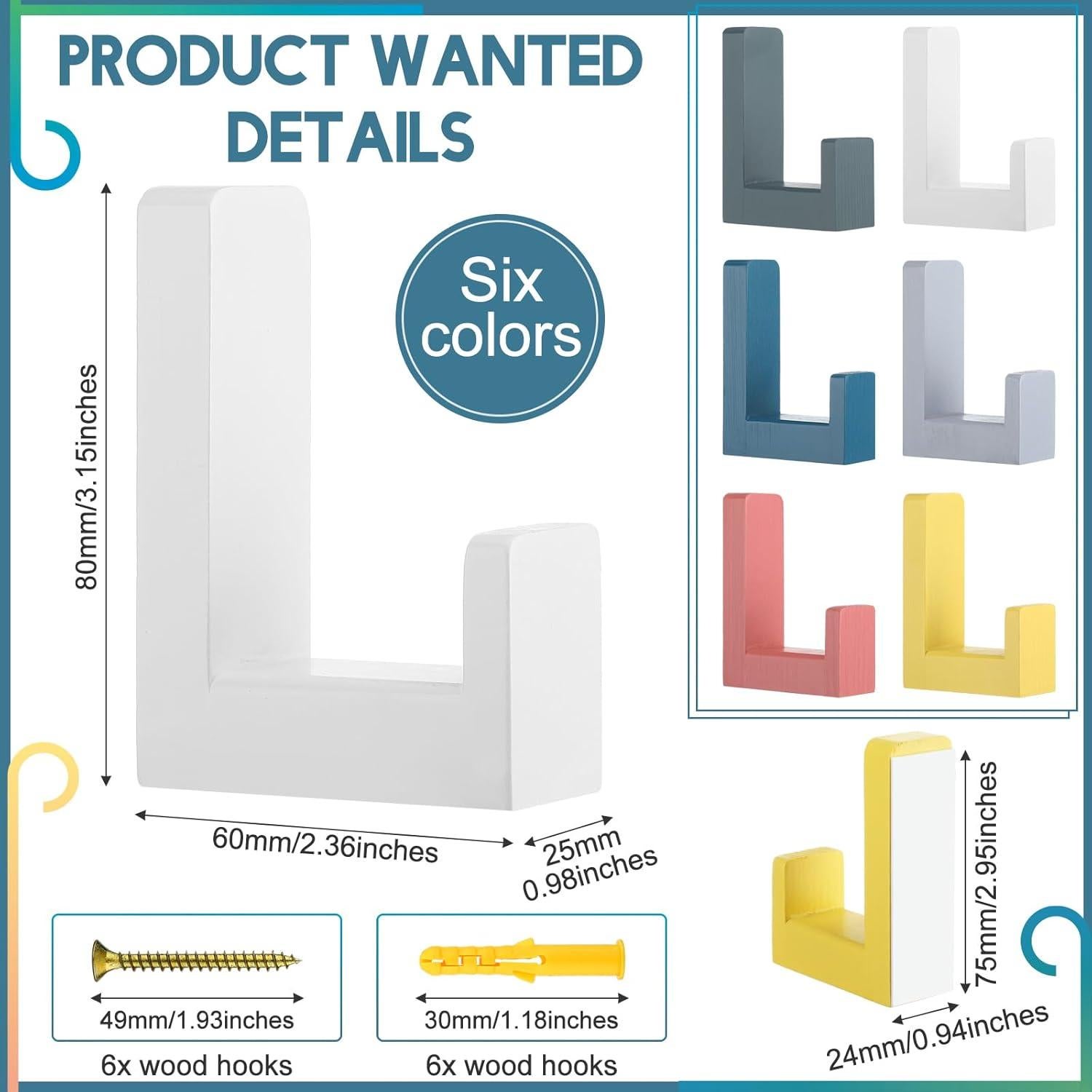 6 Ganchos de Pared Adhesivos de Madera Teenyyou Coloridos