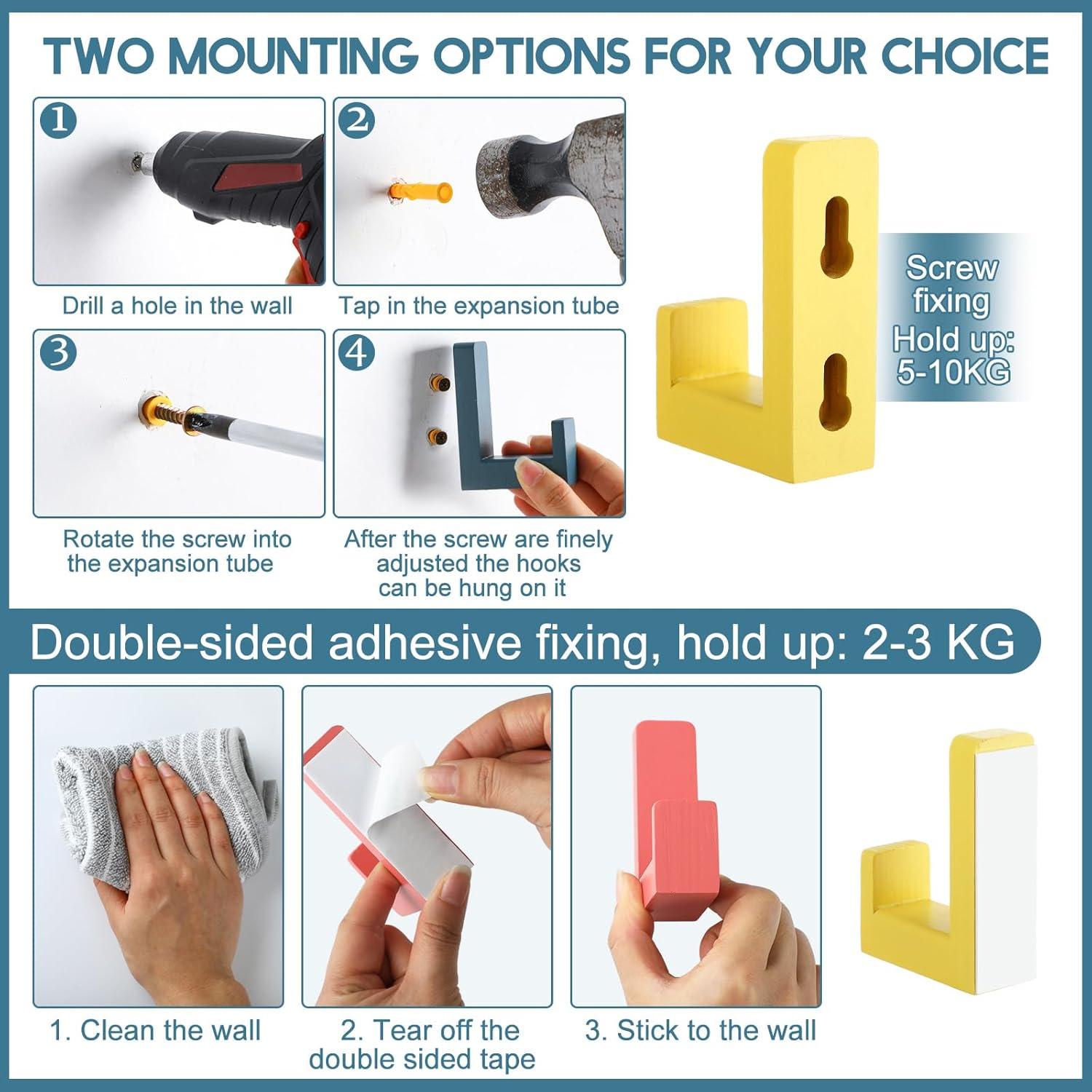 6 Ganchos de Pared Adhesivos de Madera Teenyyou Coloridos