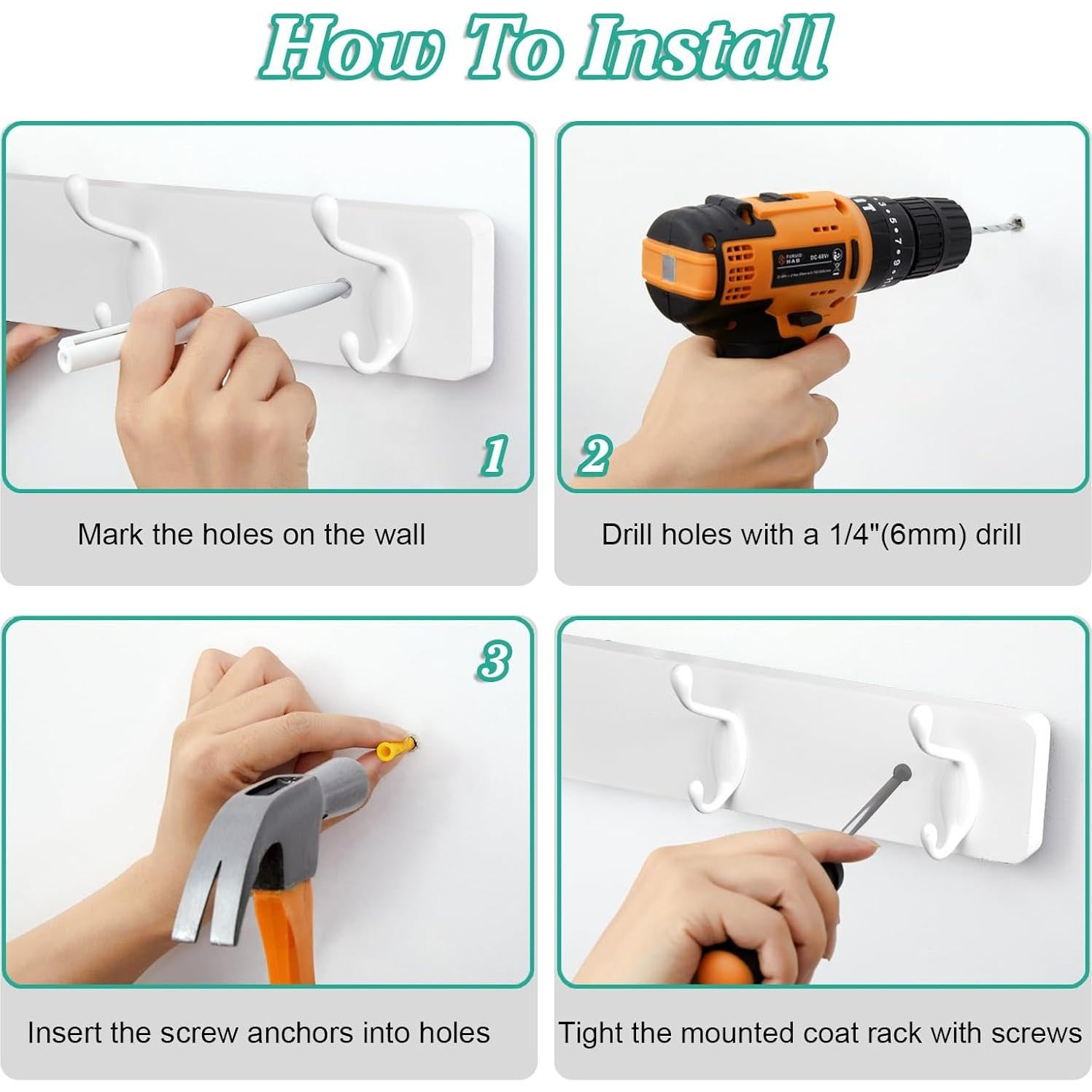 Perchero de Pared OUTNILI Blanco con 4 Ganchos Dobles