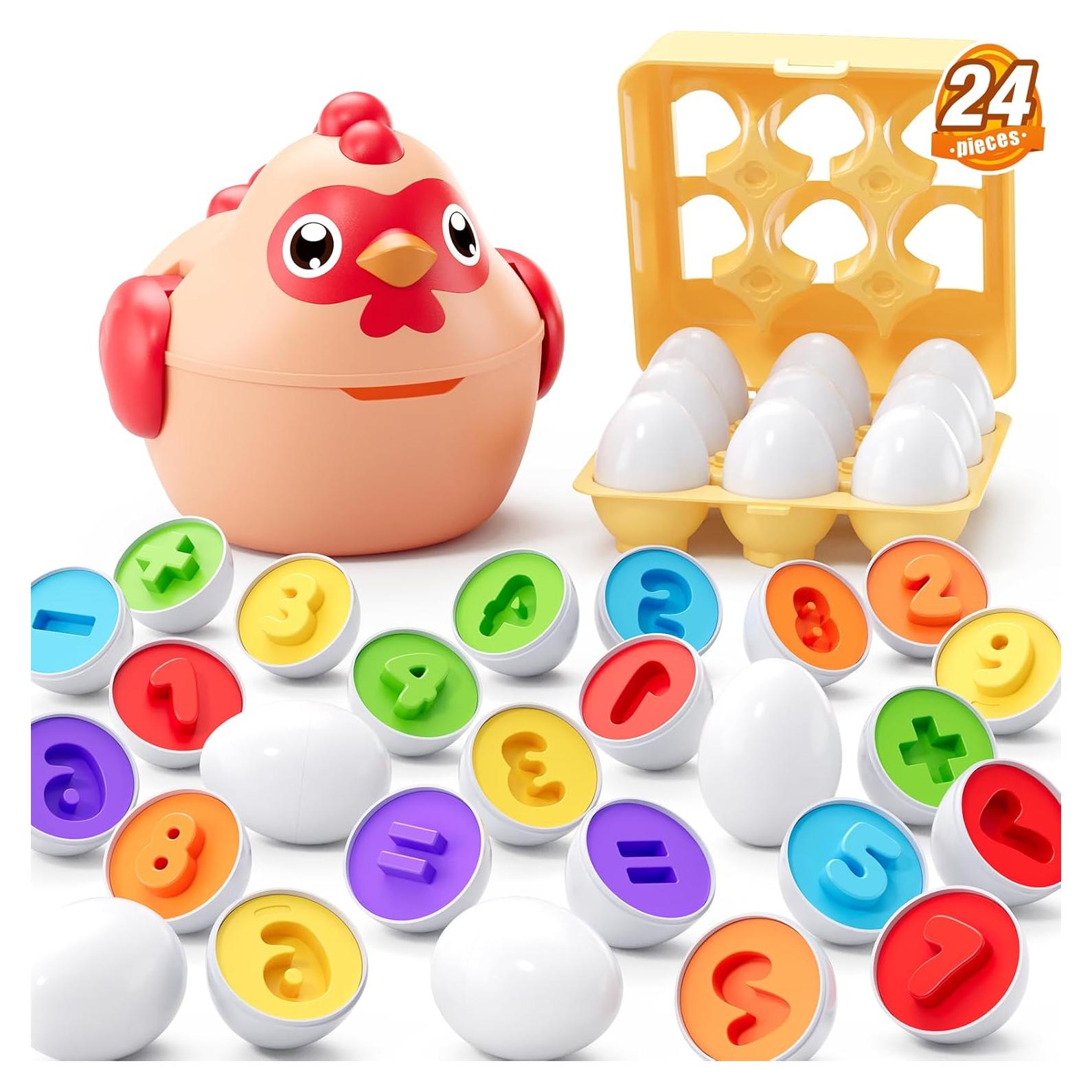 Matching Eggs for Toddlers 1-3, 24PCS Play Eggs in Carton, Chicken Montessori Geometric Sensory Toys, Color Shape Sorting Stacking Block Easter Gifts for Baby Boys Girls