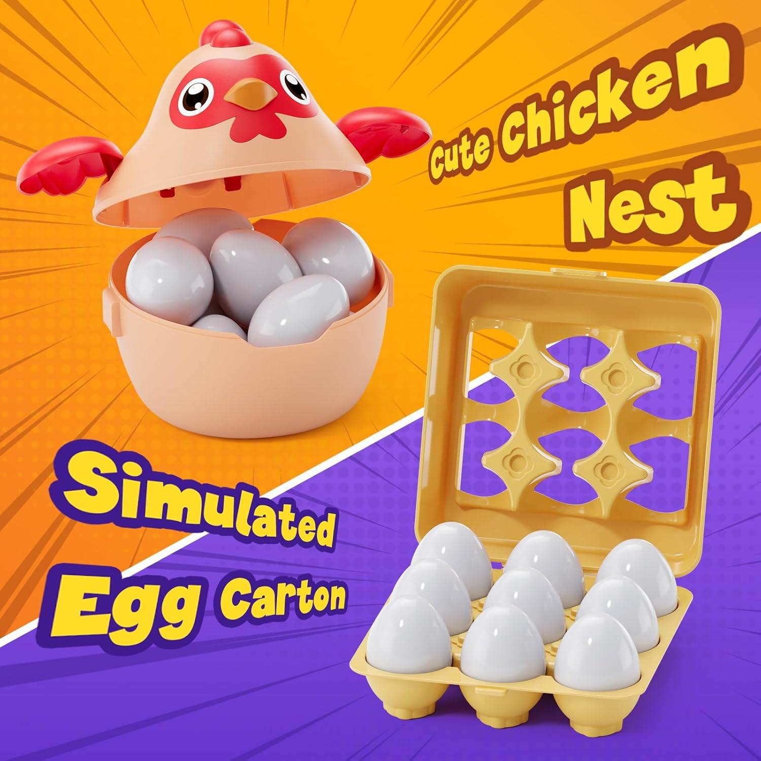 Matching Eggs for Toddlers 1-3, 24PCS Play Eggs in Carton, Chicken Montessori Geometric Sensory Toys, Color Shape Sorting Stacking Block Easter Gifts for Baby Boys Girls