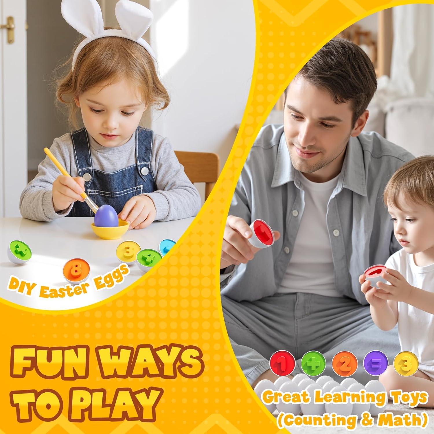 Matching Eggs for Toddlers 1-3, 24PCS Play Eggs in Carton, Chicken Montessori Geometric Sensory Toys, Color Shape Sorting Stacking Block Easter Gifts for Baby Boys Girls