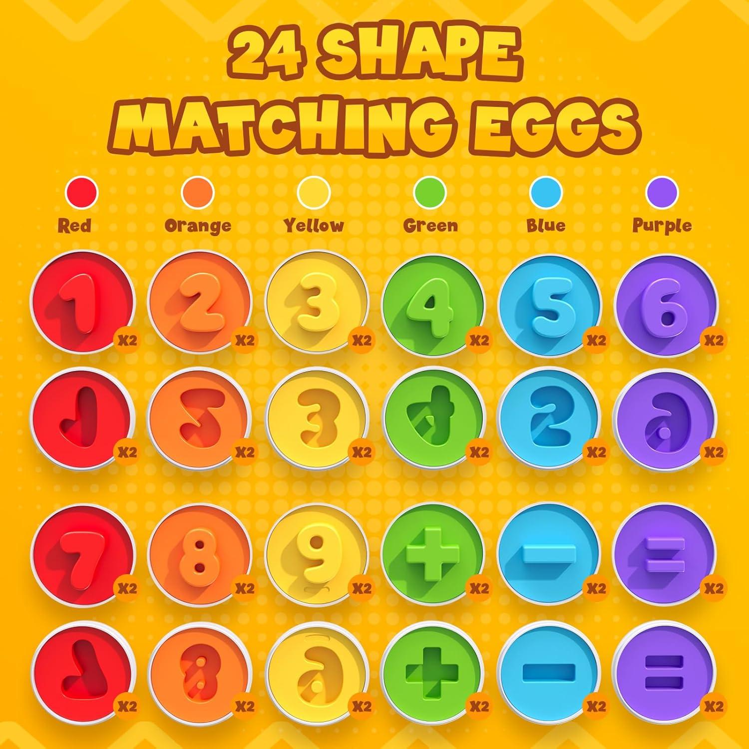 Matching Eggs for Toddlers 1-3, 24PCS Play Eggs in Carton, Chicken Montessori Geometric Sensory Toys, Color Shape Sorting Stacking Block Easter Gifts for Baby Boys Girls