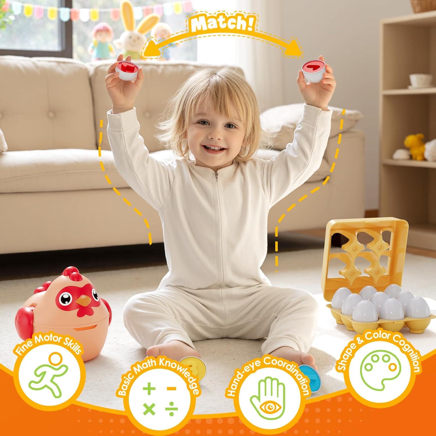 Matching Eggs for Toddlers 1-3, 24PCS Play Eggs in Carton, Chicken Montessori Geometric Sensory Toys, Color Shape Sorting Stacking Block Easter Gifts for Baby Boys Girls