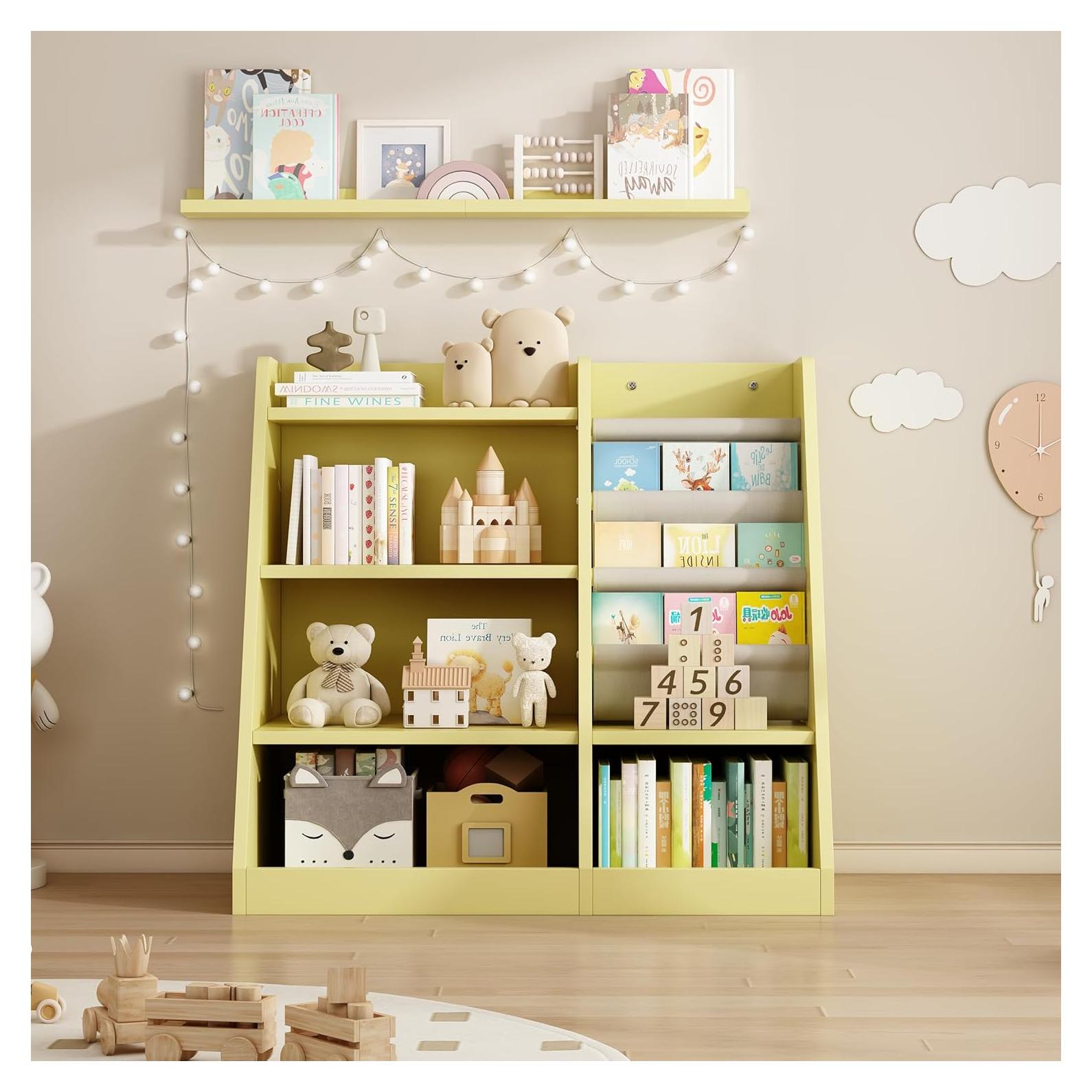 KEIKI 4-Tier Kids Bookshelf, Wooden Toy Storage Organizer Cabinet w/Adjustable Shelf, Montessori Kids Bookcase for Playroom Bedroom Nursery Hallway School, Yellow